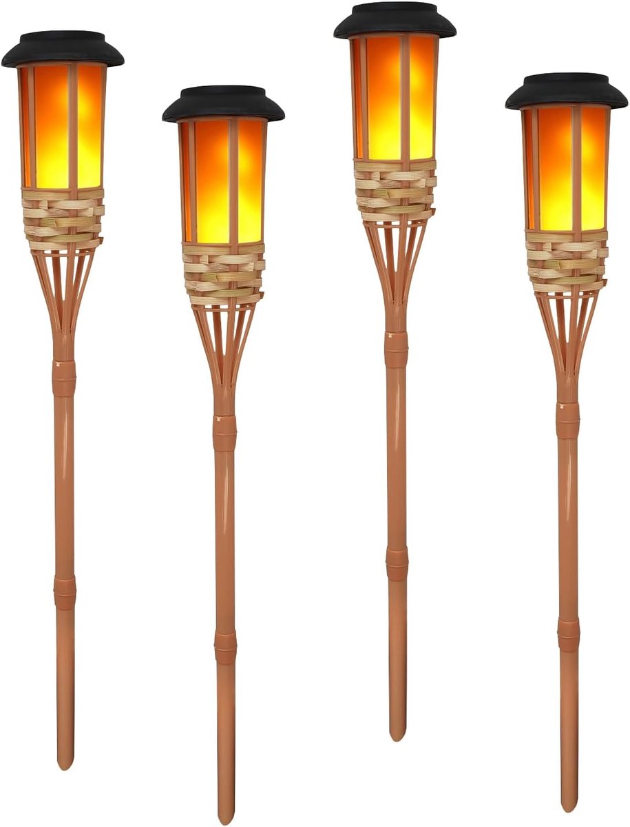 SnelShoppen - Pakket van 4 Knipperende Vlam Zonnelampen - LED Bamboe Tuinfakkels - 60 cm Hoog - Warm Wit - Weerbestendig - Decoratieve Verlichting voo
