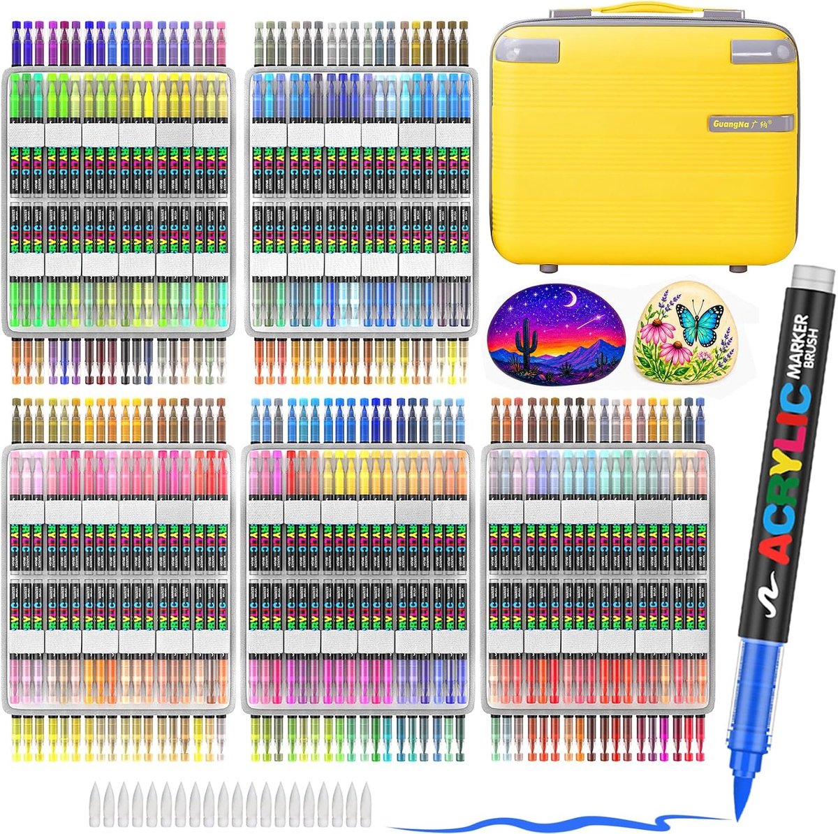 SnelShoppen - 360 Acrylaat Markers met Flexibele Borstelpunten (1-5mm) - Waterbestendige, Sneldrogende Stiften voor Steen, Keramiek, Metaal, Textiel,
