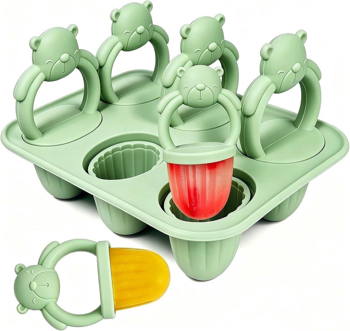 Siliconen ijsjesvorm voor kinderen - 6 vormpjes (elk 17 ml) - Mini BPA-vrije, kindveilige vorm - Inclusief bijtstokjes - Geschikt voor de vriezer en voor peuters - Maak ijsjes of yoghurtijsjes - Groen