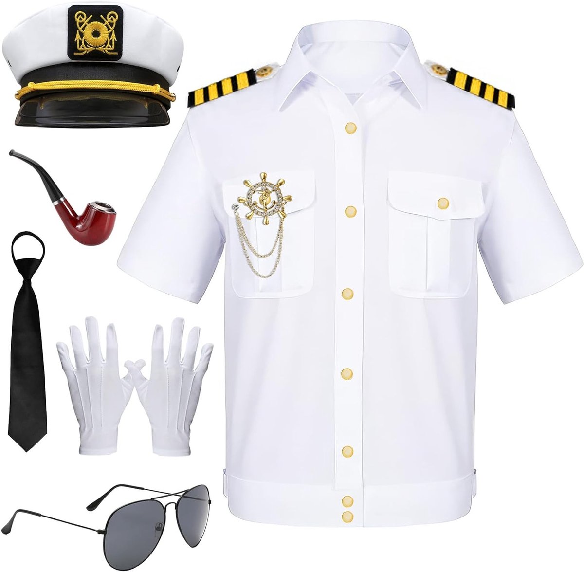 Maritiem Matrozen Kostuum voor Mannen, Blauwe en Witte Outfit, 8-delig met Hoed, Handschoenen en Jas voor Feest, Halloween en Carnavalsvieringen