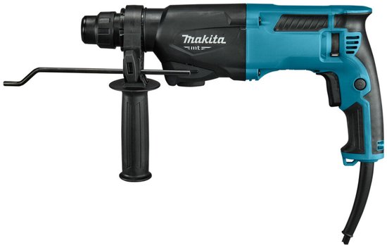 Makita MT boorhamer in blauw en zwart, voorzien van een zijhandgreep en een metalen diepteaanslag.
