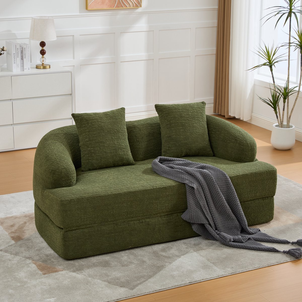 HAUSS SPOLE Slaapbank 2-Zits Uitklapbaar Met 2 Kussens Voor Woonkamer En Logeerkamer In Retro Stijl Van Chenille Groen