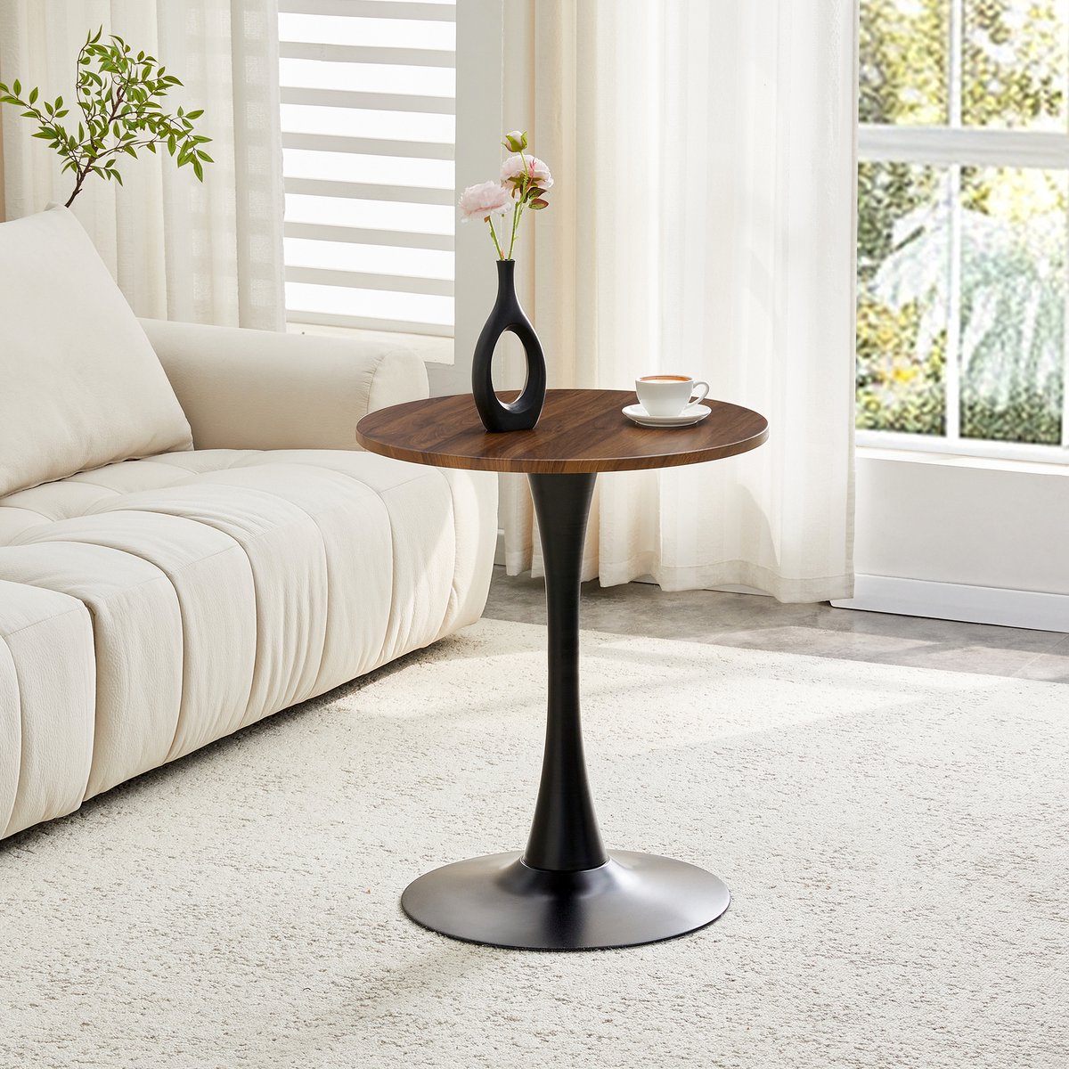 MODENUIT Bijzettafel - Rond 60 Cm - Mid-Century Stijl - MDF En Metaal - Walnootkleur En Zwart - 72 Cm