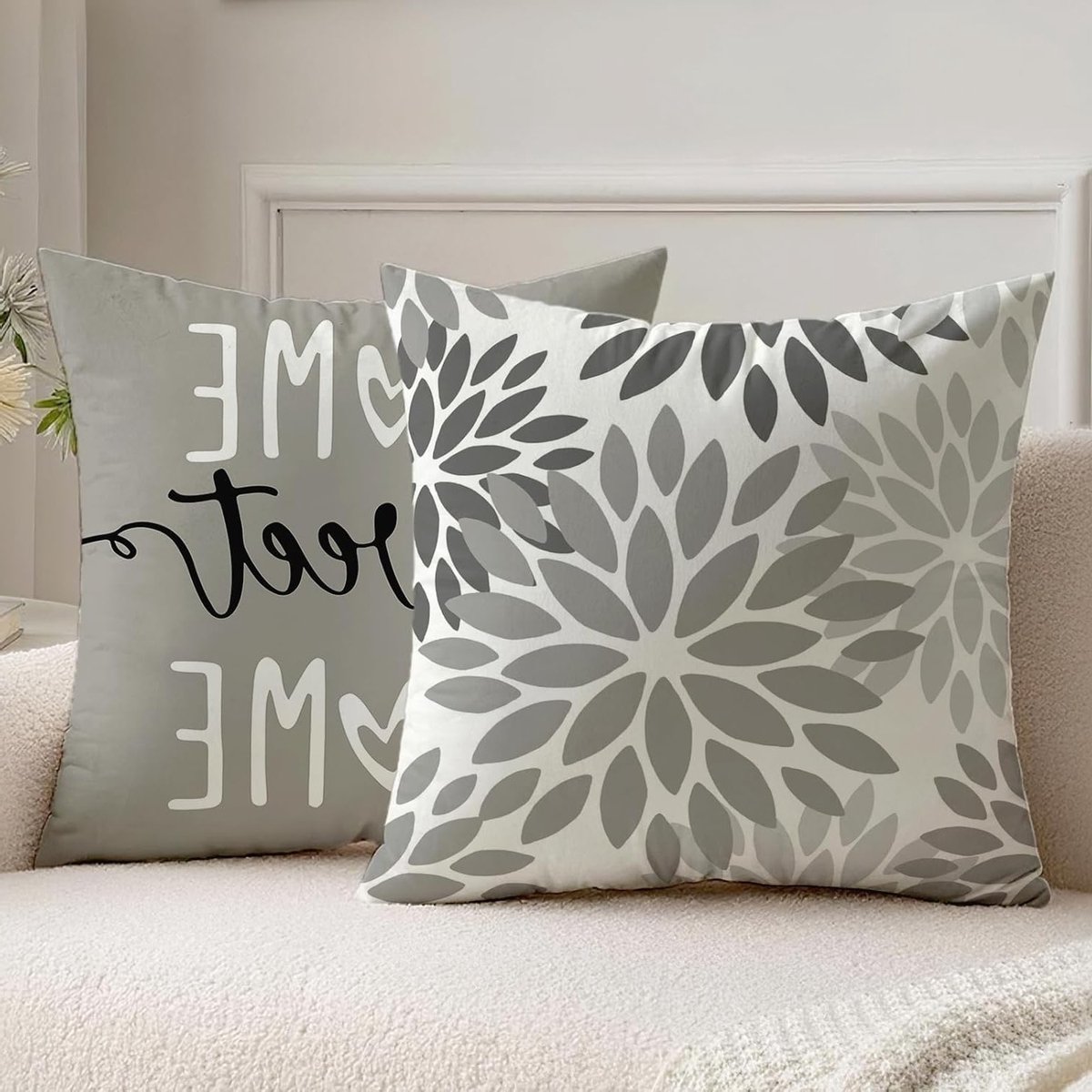 Set van 2 Kussenhoezen 40 x 40 cm, Grijs met Dalia, Zacht en Onderhoudsvriendelijk voor Tuin en Woonkamer