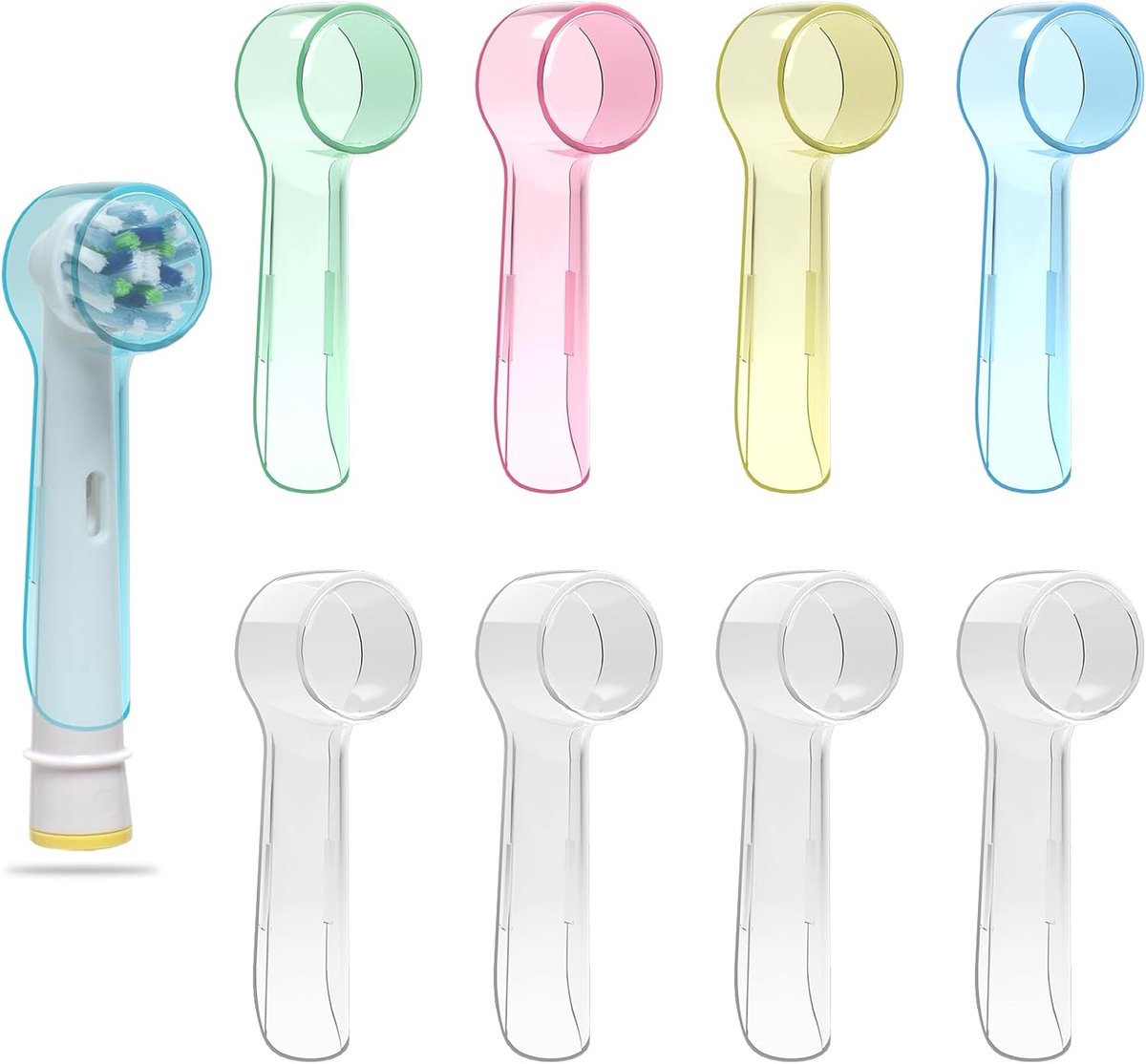 SnelShoppen - Beschermcaps voor Elektrische Tandenborstels, Set van 8 (Groen, Roze, Geel, Blauw en 4 Transparante) - Hygiënisch, Milieu-vriendelijk, I