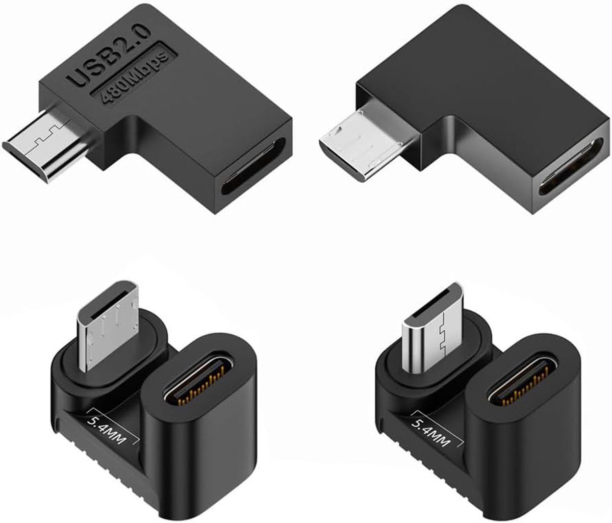 SnelShoppen - USB-C naar Micro USB Adapter 4 Pack - 90/360 Graden Hoekige USB2.0 Type C Vrouwelijk naar Micro USB Mannelijk - Voor Telefoon, Tablet, O