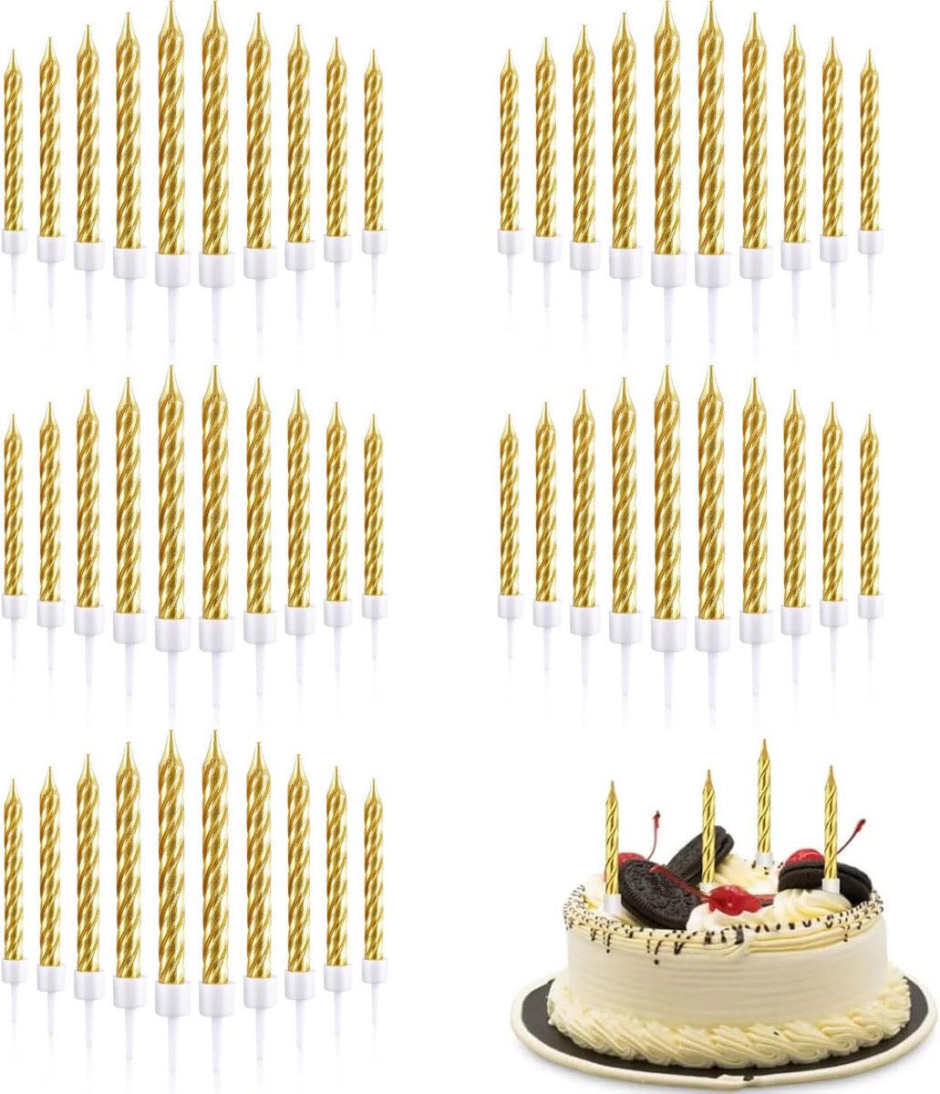 SnelShoppen - 50 Stuks Gouden Spiraal Verjaardagskaarsen met Taartstandaard Decoratie voor Verjaardagsfeesten, Bruiloften, Jubilea en Cupcakes