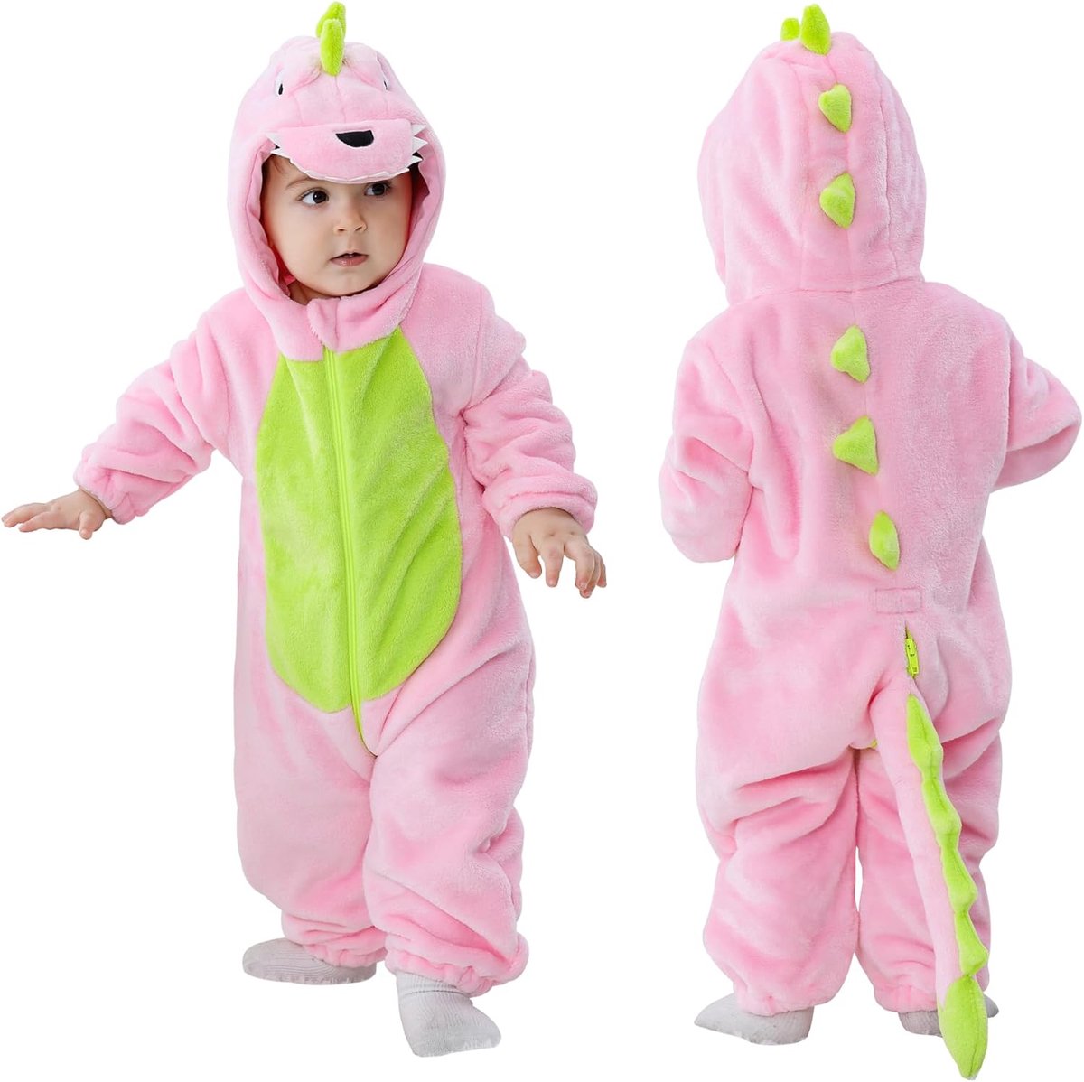 SnelShoppen - Baby Romper Flannel Animal Hooded Jumpsuit voor Kinderen - Schattige Dinosaurus Outfit, 3-4 Jaar, Perfect voor Halloween en Speeltijd, C