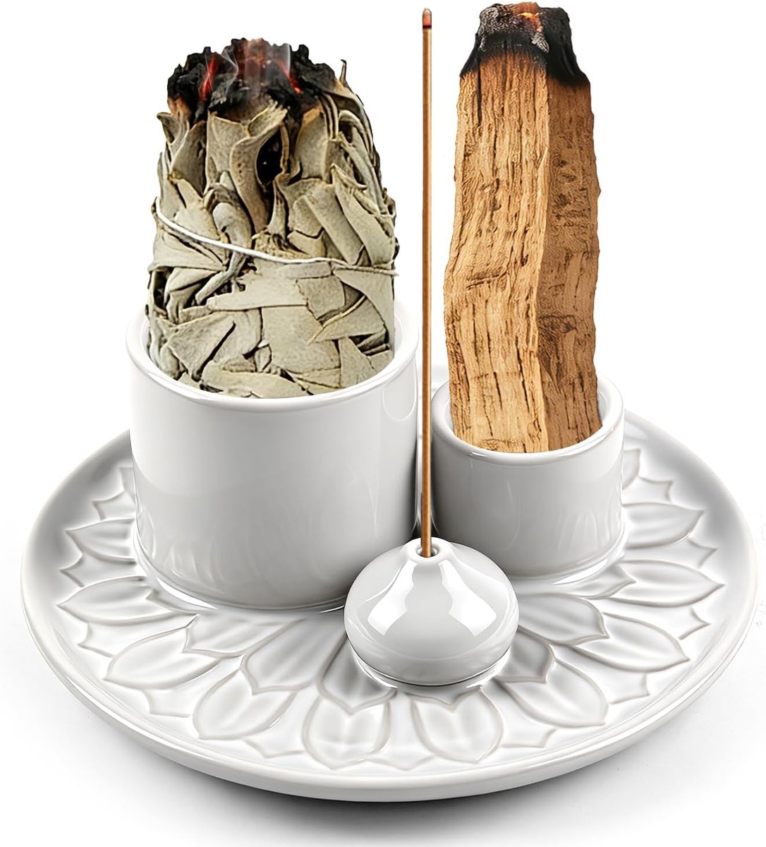 SnelShoppen - 4-in-1 Wierookhouder, Wierookkom, Kaarsenhouder, Asopvang voor Palo Santo, Salie en Aromatherapie - Wit Keramiek voor Thuisdecoratie, Me