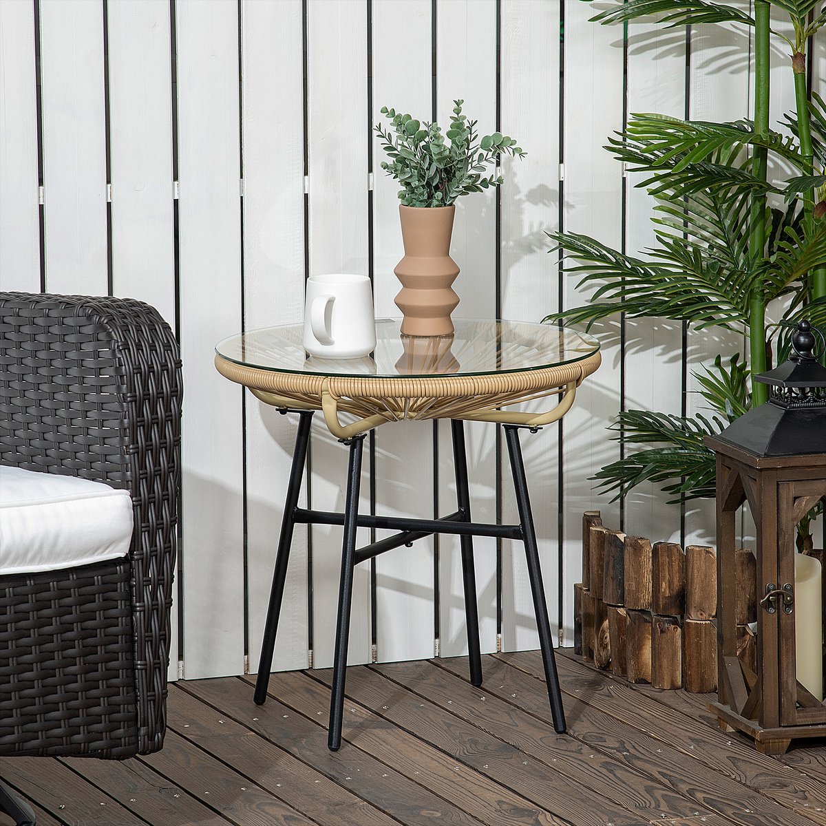 COVREO Bistrotafel 50x50x50 cm - beige en zwart, gehard glazen blad, voor balkon en terras