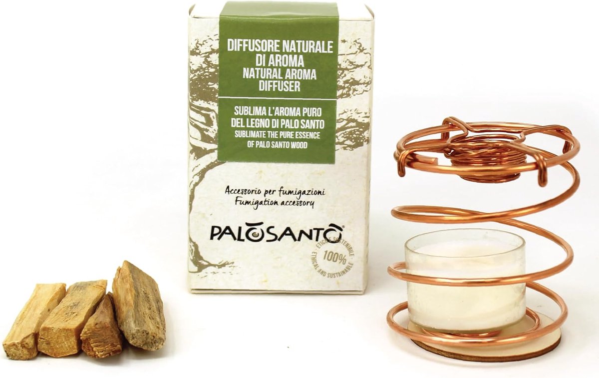 SnelShoppen - Palo Santo Diffuser met Soja Kaars - Aroma Verspreider met 4 Houten Stukken Palo Santo uit Peru - Koper Houder voor Ontspanning en Medit