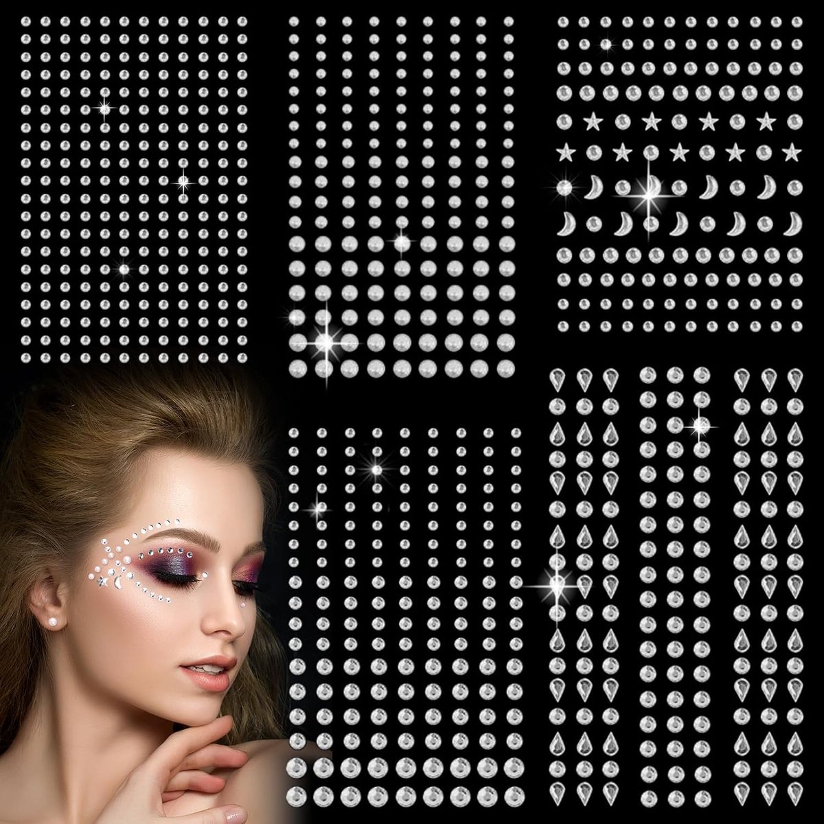 SnelShoppen - 850 Stuks Face Gems, 5 Bladen Rhinestone Stickers, Gemstones voor DIY Make-Up Decoratie, Acryl Diamant Stickers voor Feest en Nail Art