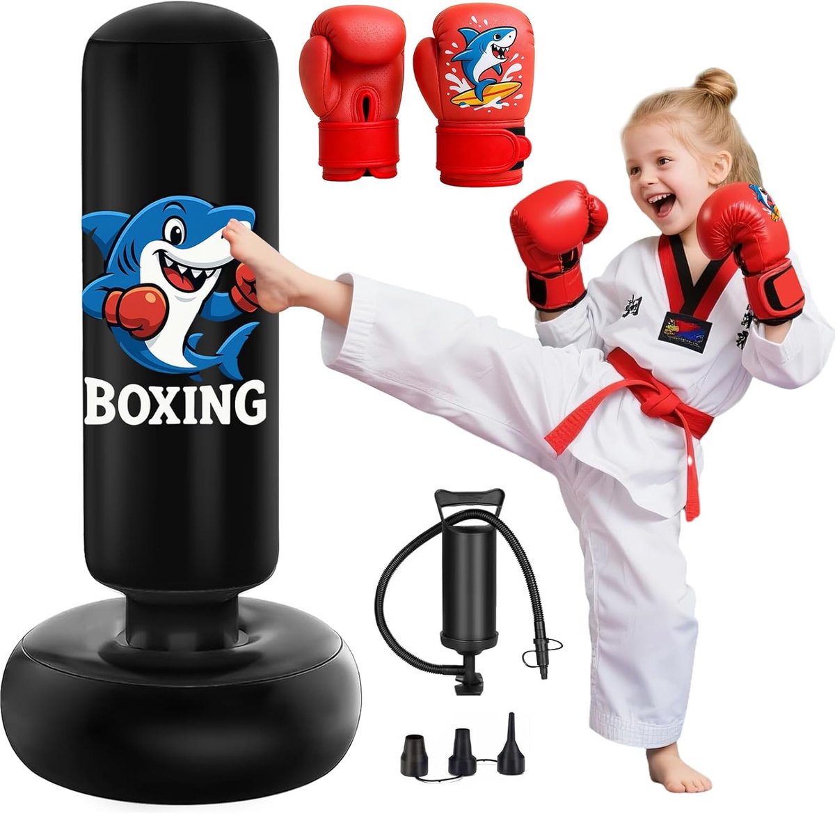 SnelShoppen - Punching Bag voor Kinderen 130 cm, Inflatable Bokszak met Handschoenen, Kickboksen, Taekwondo, Karate, Veilig Speelgoed voor Jongens en