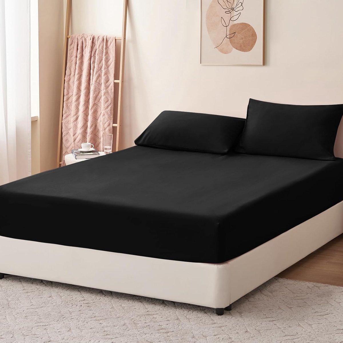 SnelShoppen - Fitted Sheet 160 x 200 cm - Verstelbaar, Zacht Microfibre Bedlaken - Comfortabel en Ademend - Zwart - Perfect voor Alle Seizoenen