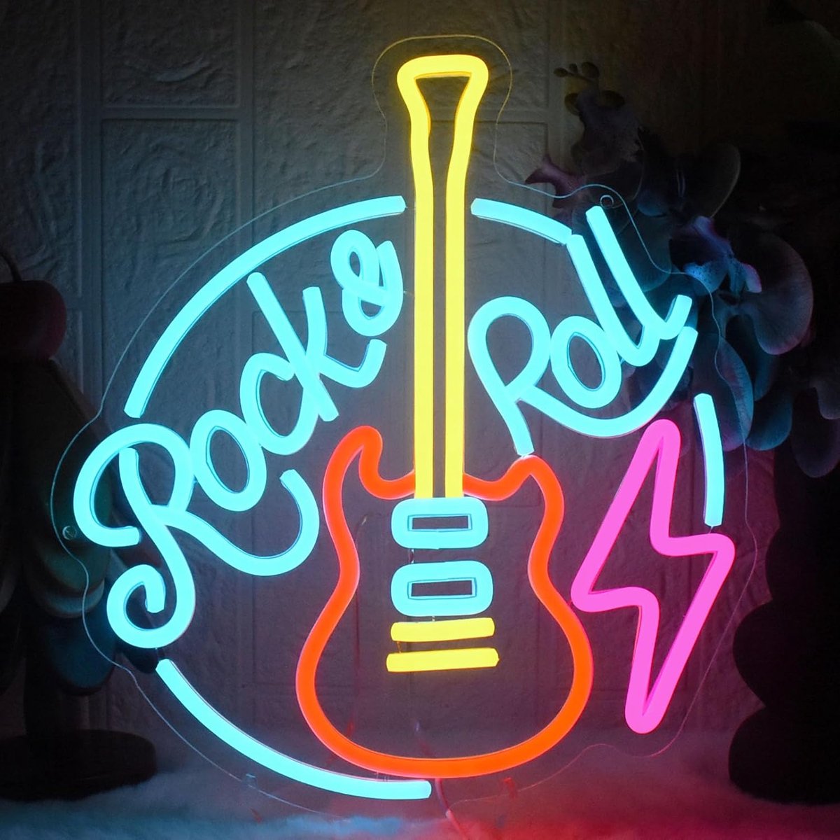 SnelShoppen - Rock Roll Neon Sign Gitaar Neon Lichtpaneel USB Dimbaar voor Muziekstudio Woonkamer Bar Club - 32x