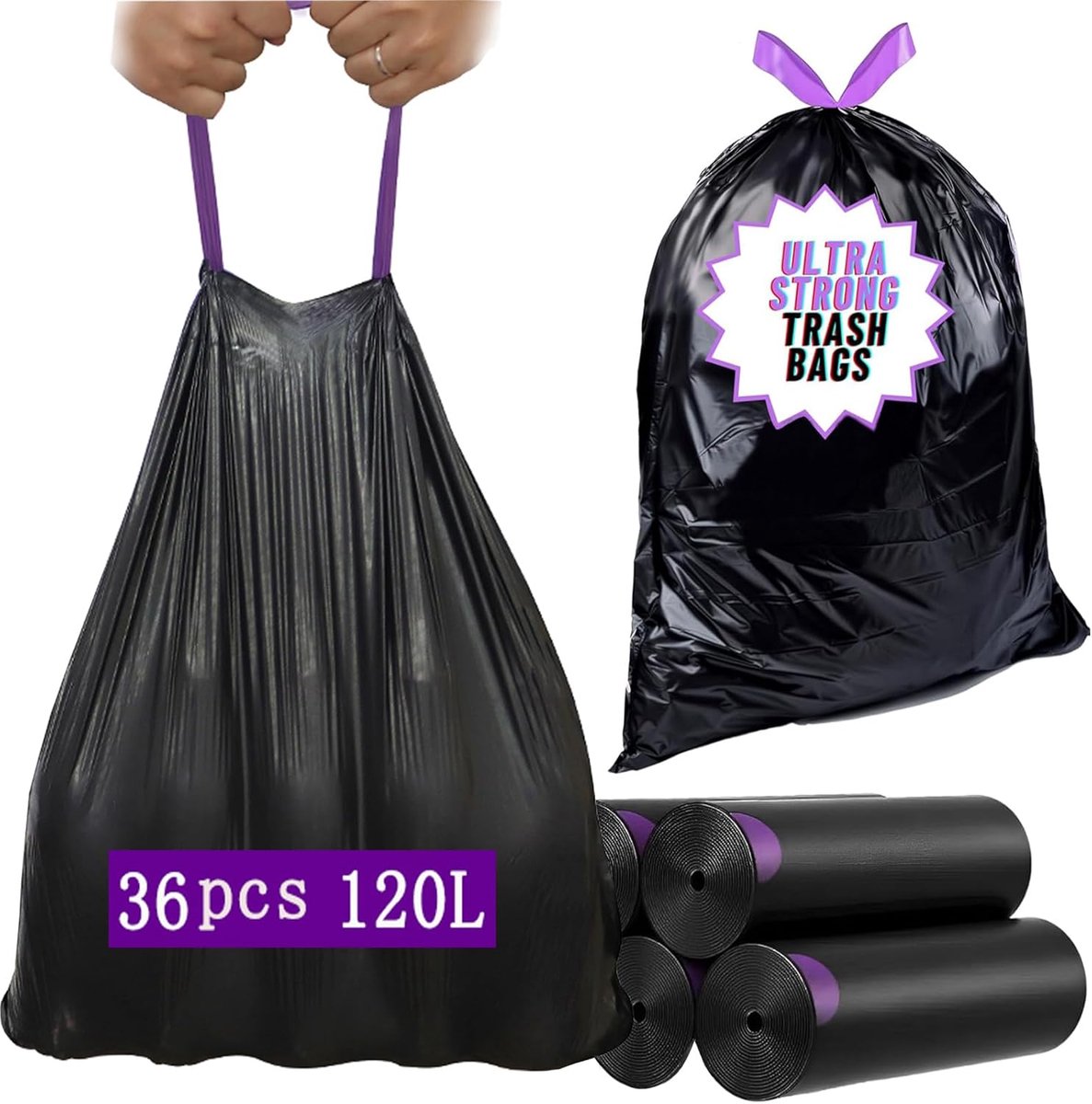 SnelShoppen - Afvalzakken met Recycling Trekkoord, 110L, 80x100 cm, 36 Stuks, Hygiënische en Scheurvaste Zakken voor Tuin en Huis, Zwart