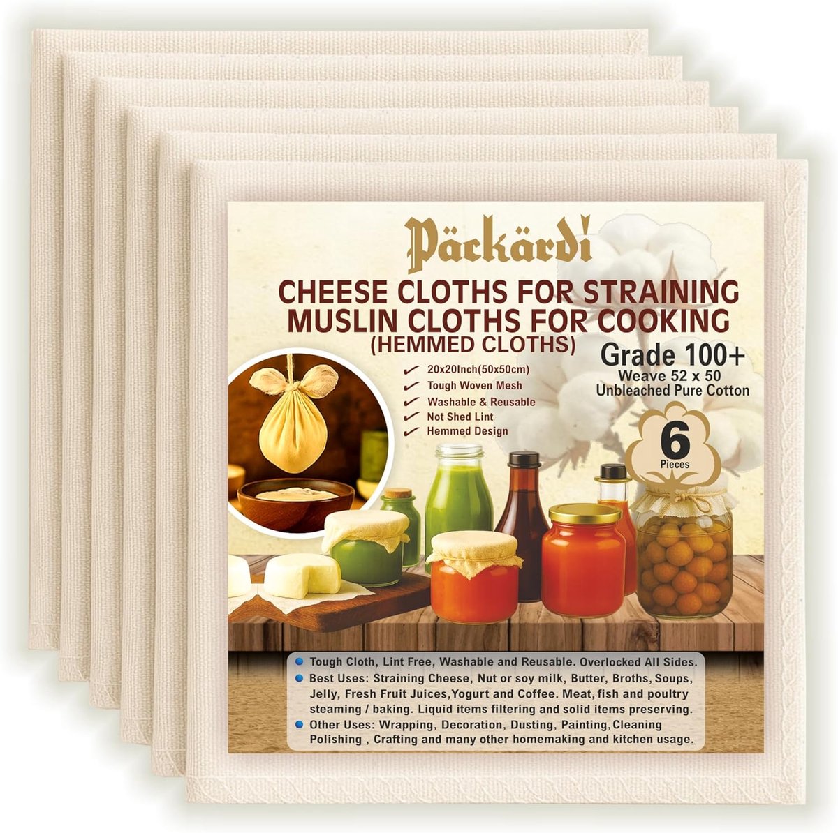 SnelShoppen - Grade 100+ Kaasdoek/Filterdoek - 6 Stuks 50x50cm - 100% Ongebleekt Katoen - Herbruikbare Doeken voor Notenmelk, Yoghurt, Soep, Sap & Bak