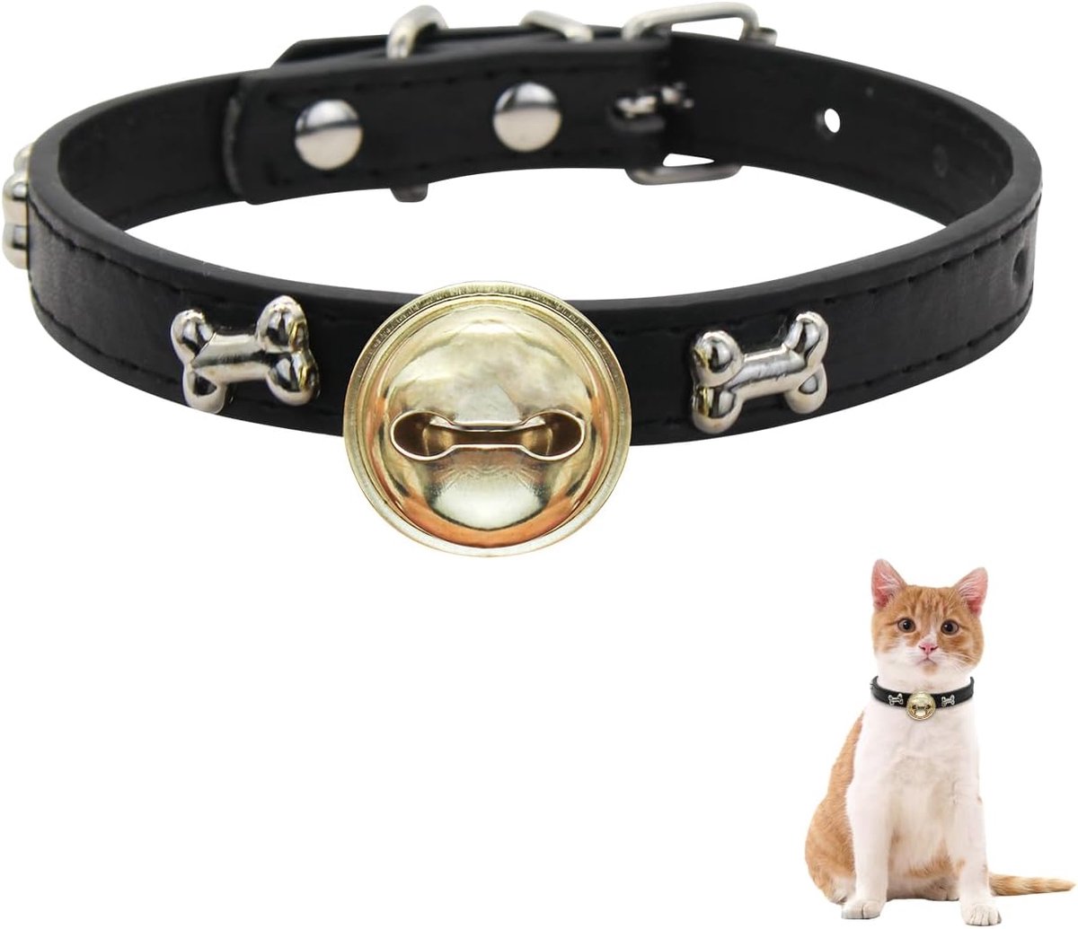 SnelShoppen - PU-lederen kattenhalsband met bel, verstelbare kattenhalsband 24-32 cm met schattig botpatroon, zwarte PU-leer halsband voor katten en p