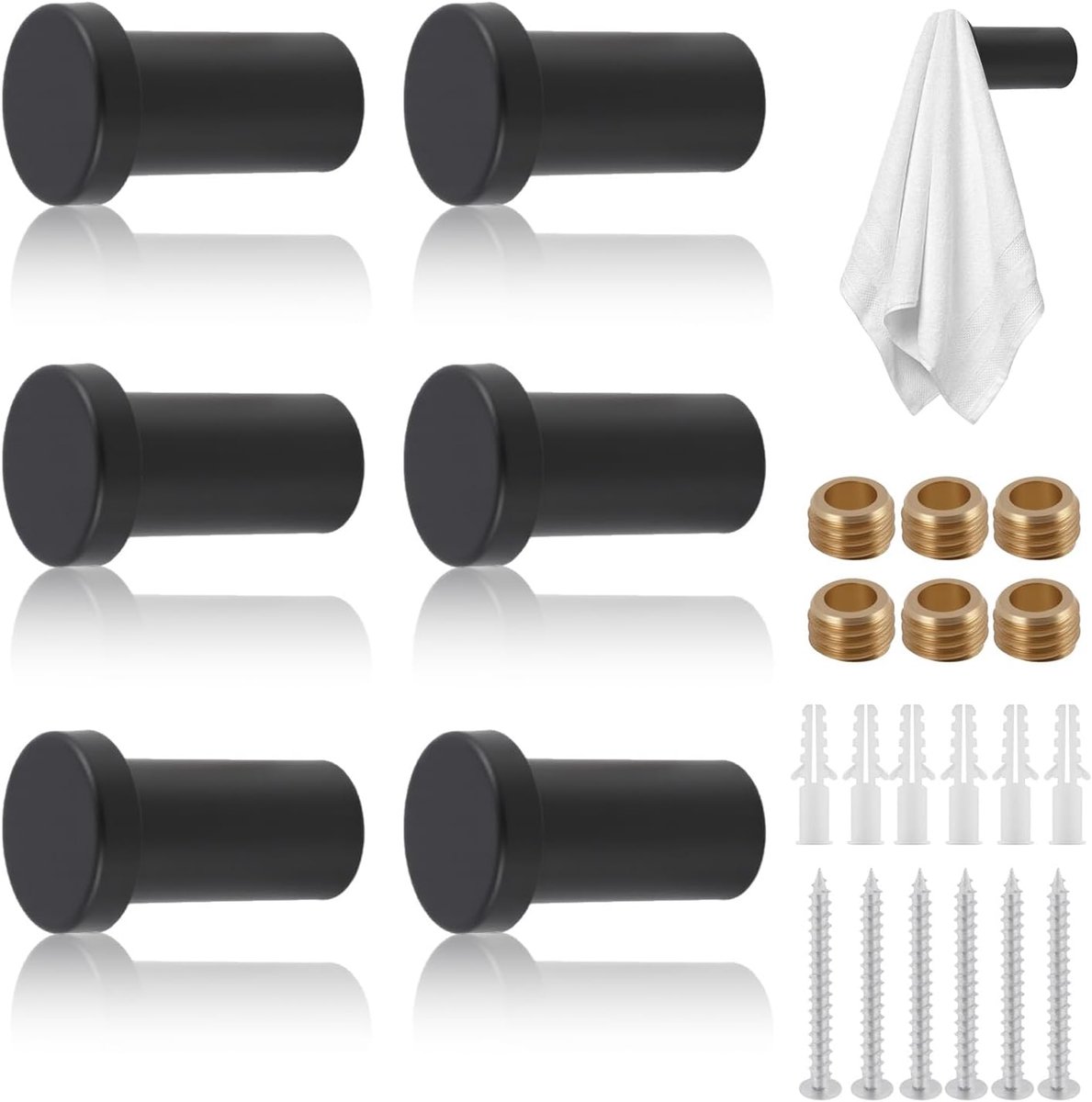 Thijox - Set van 6 Handdoekhaken Zwart Roestvrij Staal, Matte Afwerking, Wandmontage voor Keuken en Badkamer, Modern Design, Duurzaam en Stijlvol