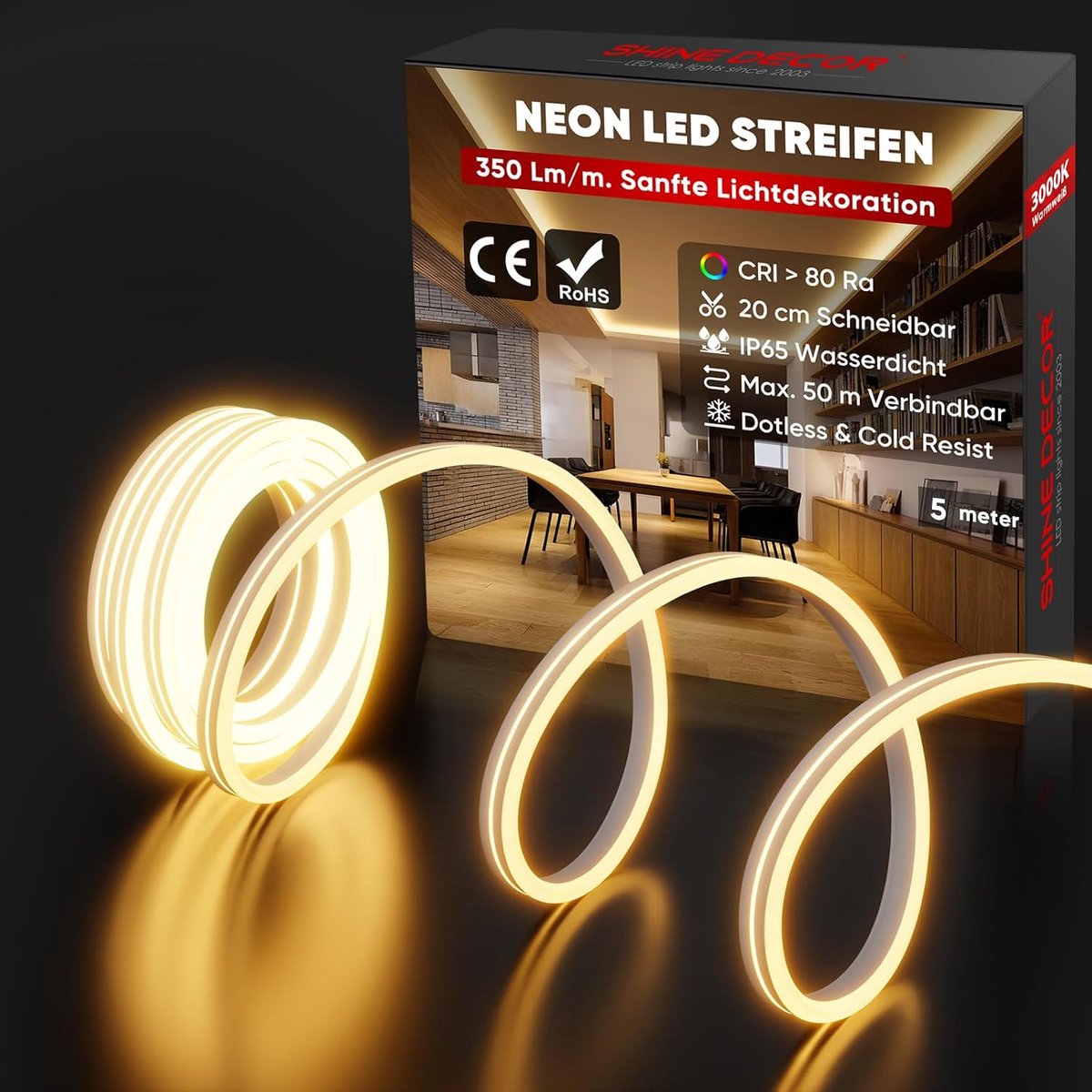 SnelShoppen - Neon LED Strip 5m - Waterproof IP65 - 120 LEDs/m Warm Wit Flexibele Neon Verlichting voor Tuin, Keuken en Feesten