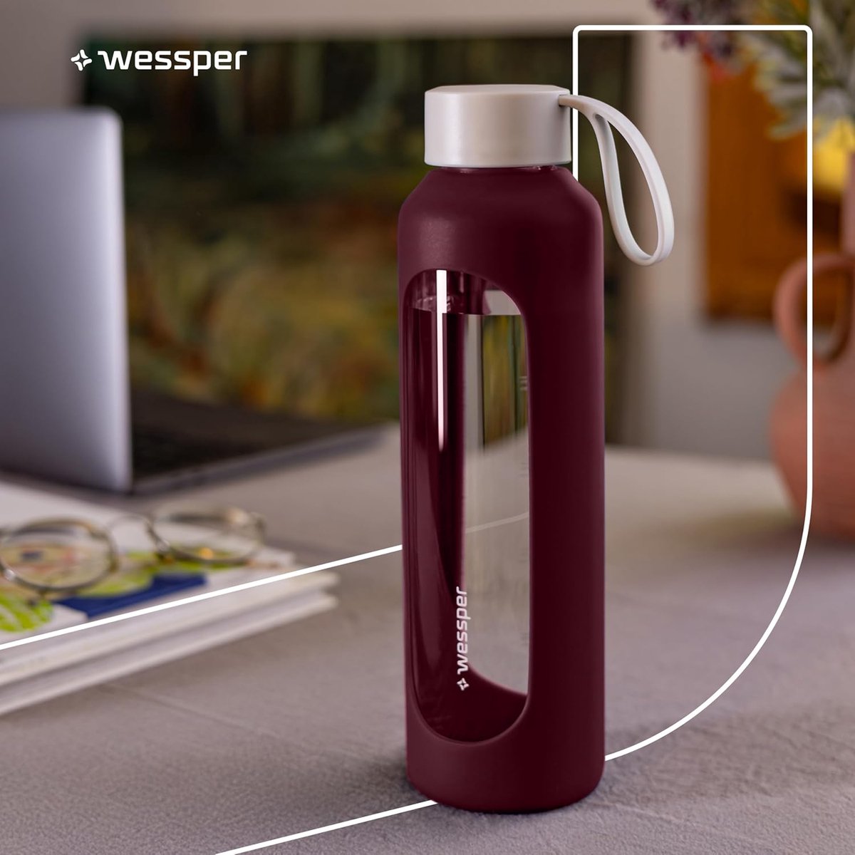 SnelShoppen - Glass Drinking Bottle 500 ml - Motivatie Fles met Hydratatie Schaal - Borosilicate Glas - Silicone Cover - BPA Vrij - Burgundy