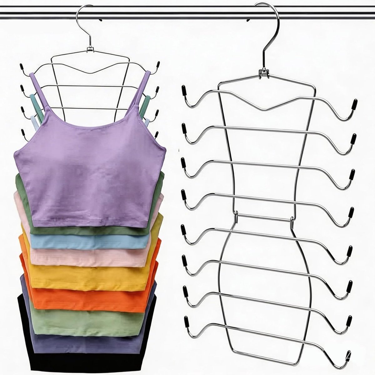 SnelShoppen - 2x Opvouwbare Ruimtebesparende Kleerhangers - 8 Etages - Roestvrijstalen Antislip Hanger voor Tops, Camisoles, Pyjama's en BH's - Compac