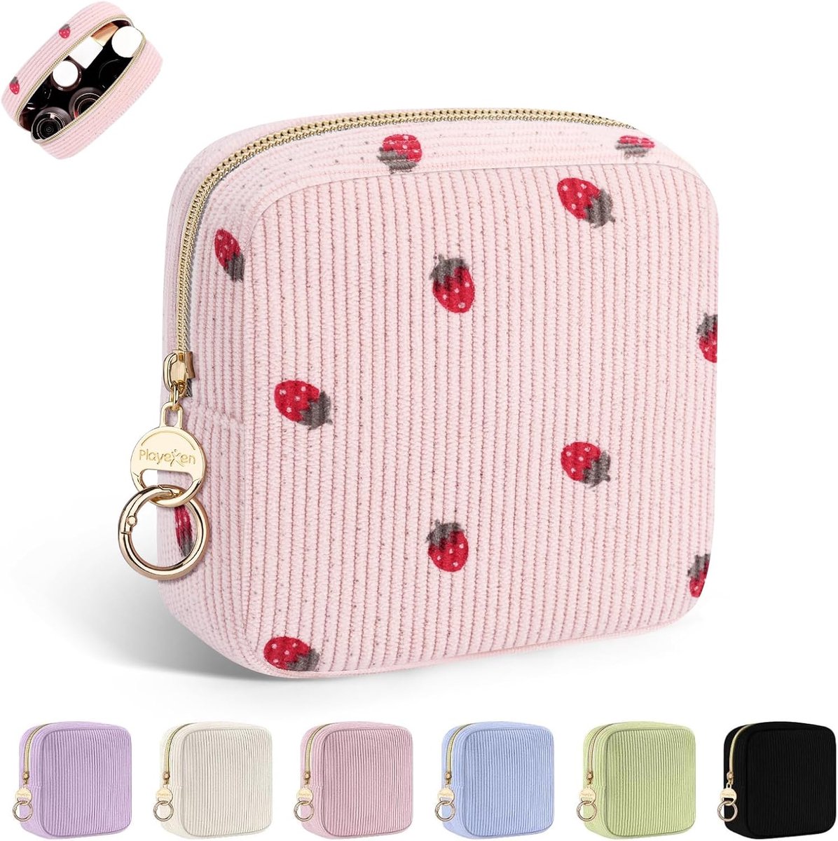 SnelShoppen - Small Cosmetic Bag Vrouwen Makeup Bag Mini Toilettas Corduroy Reis Organizer Zipper Beige C-Strawberry Perfect voor Feest en Dagelijks G