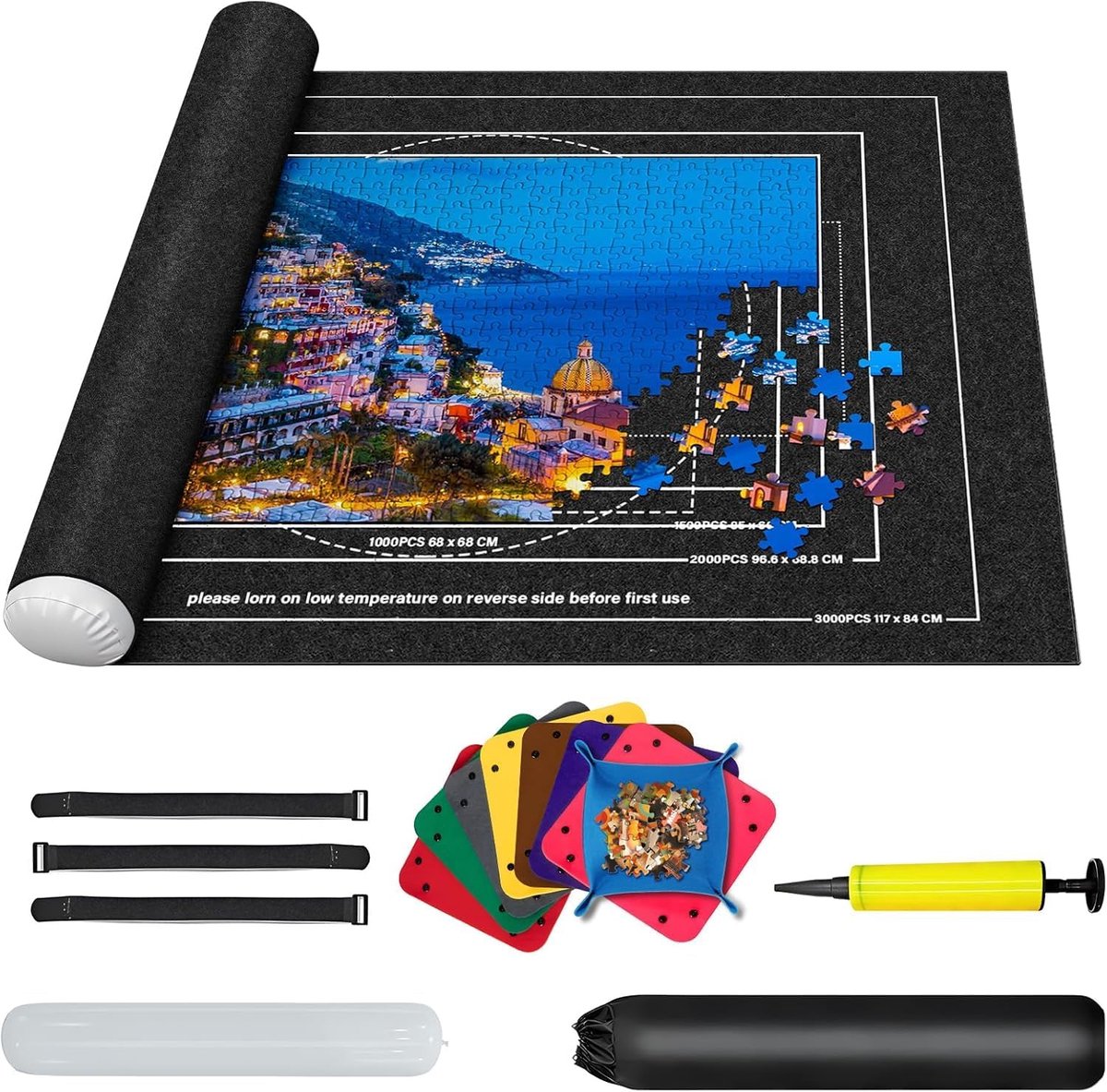 SnelShoppen - Puzzle Mat voor 1000, 1500, 2000, 3000 Stukken - Roll-Up Puzzel Tafel met 8 Sorteer Lade - Grote Puzzel Houder Set (Zwart)