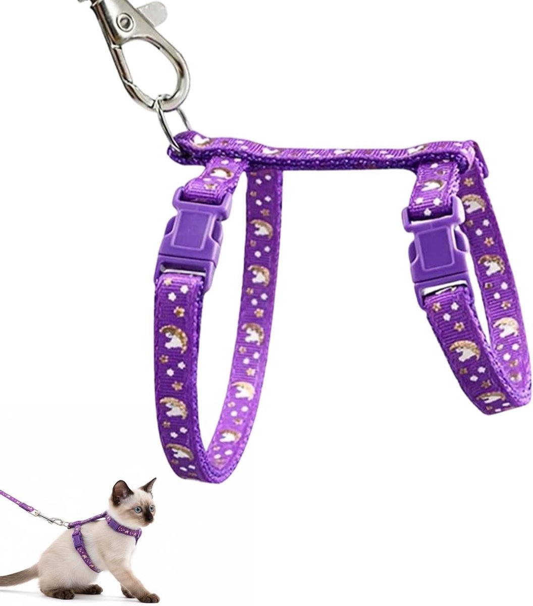 SnelShoppen - Kattenriem met Harnas voor Katten, Anti-Ontsnapping, Verstelbare Kattenharnas Set in Paars Sterren Design, Comfortabel en Duurzaam Nylon