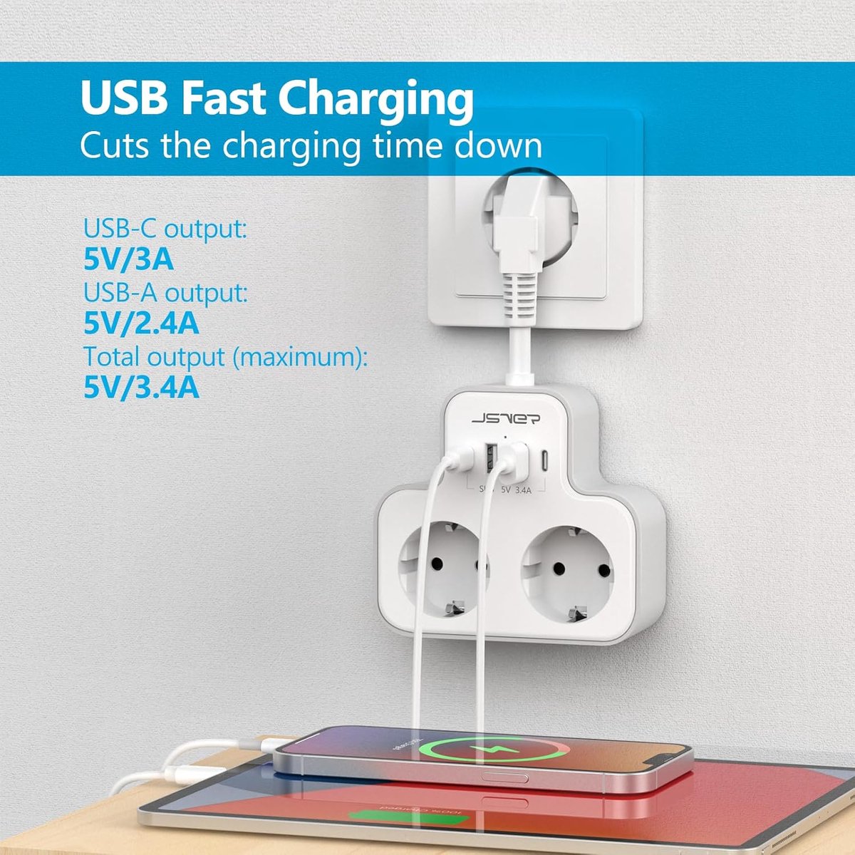 Thijox - Dubbele Stekkerdoos met USB-A en USB-C, 2-Voudig Stopcontact met Individuele Schakelaar, Wandmontage, Flexibele Kabel, Vlamvertragend Wit, Id