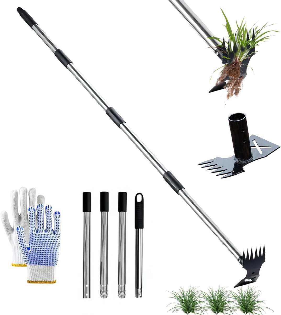 SnelShoppen - Onkruidtrekkergereedschap met lange steel 150 cm, 2-in-1 handmatige onkruidhark en tuinschoffel, roestvrij staal, staande onkruidverdelg