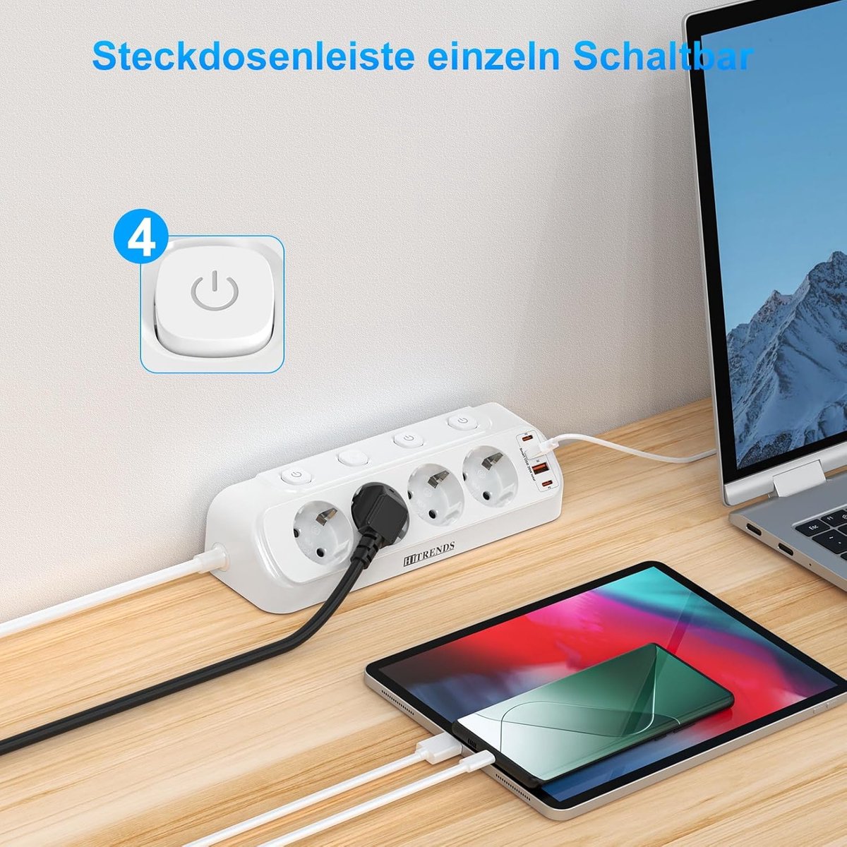 Thijox - Hoekstopcontact met USB, 4-voudige stekkerdoos met schakelaar, 8-in-1 stekkerverdeler met 2 USB en 2 type-C, platte stekker met 2 m kabel voo
