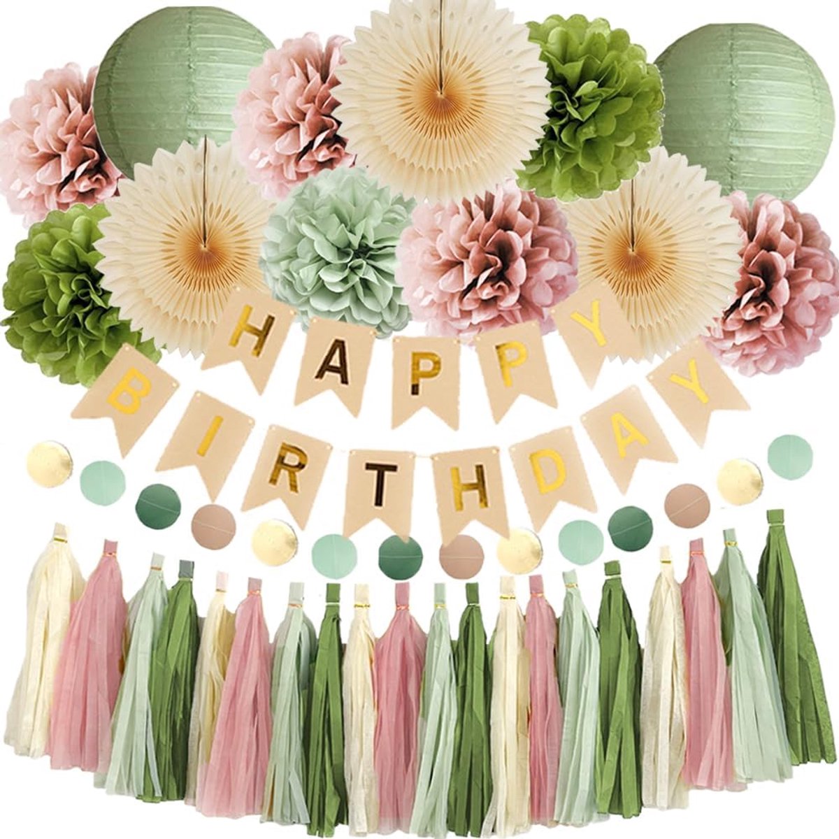 SnelShoppen - Olive Green en Roze Verjaardagsdecoraties Set - 3 Papieren Fans, 7 Pompoms, 2 Lantaarns, Happy Birthday Banner & Tassel Garland - Boho S