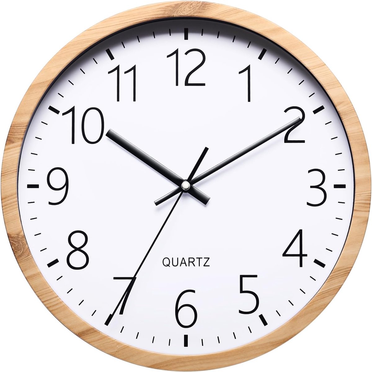 Thijox - 30 cm ronde wandklok, stil, minimalistisch modern retro design in imitatiehout, grote zwarte wijzerplaat met witte cijfers voor woonkamer, sl