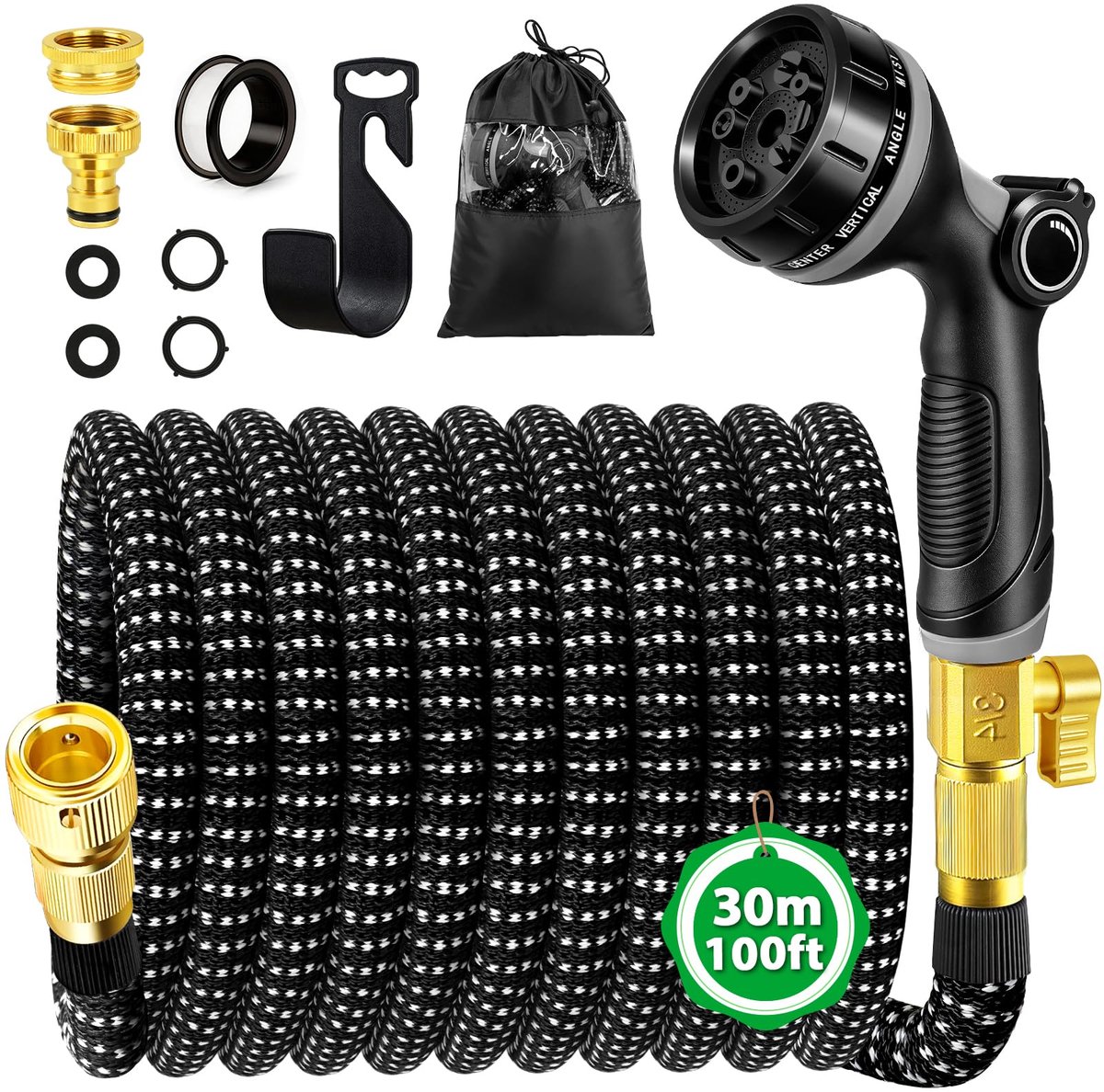 Thijox - Flexibele Tuinslang 30 m - Rekbare Waterslang met 3/4 inch & 1/2 inch Messing Connectoren - Wandhouder & Tuinsproeier met 10 Functies voor Tu