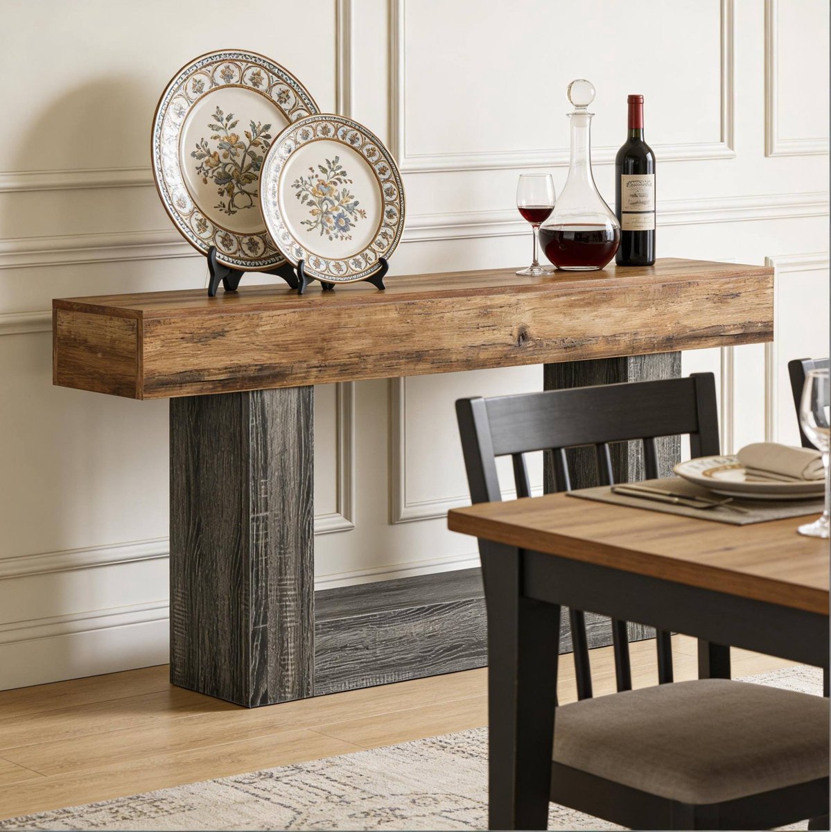 REDOM - Sidetable - Rechthoekig blad - U-poot met onderste plank - Landelijke stijl - Woonkamer en hal - MDF - Grijs Bruin - 159,7 x 29,7 x 81,7 cm