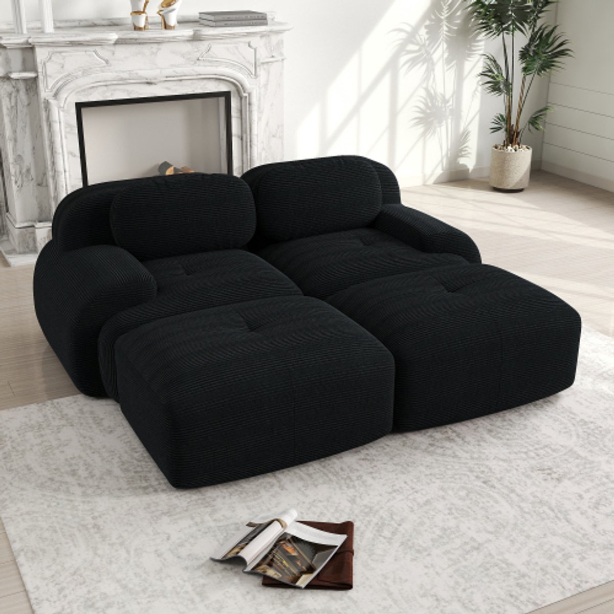 Hoekbank - Hoekbank van Zachte Corduroy – Bank Zonder Frame - Geen installatie Nodig - Comfortabele Zitzak Stoel – Beanbag voor Woonkamer en Slaapkamer - Zwart