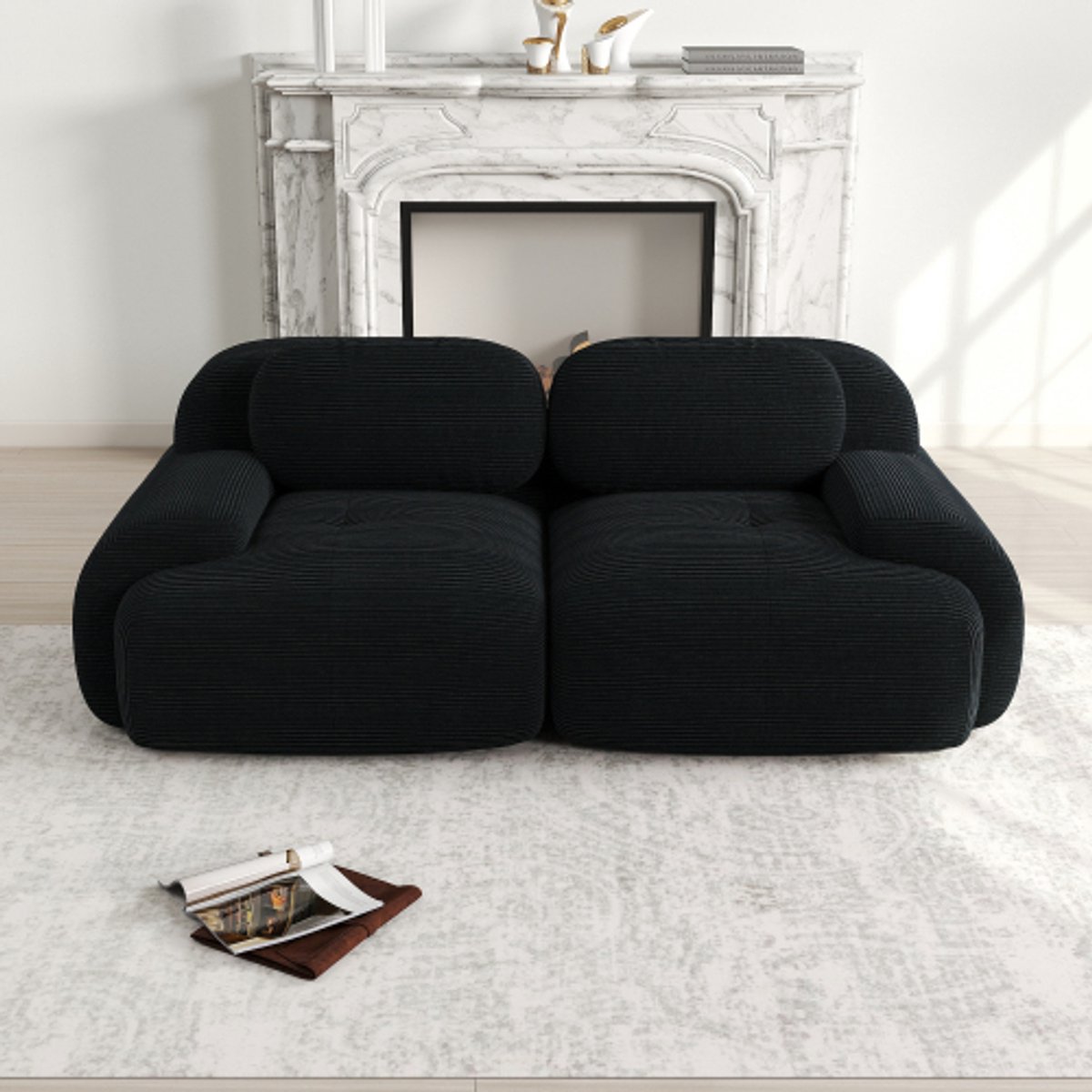 Hoekbank - Hoekbank van Zachte Corduroy – Bank Zonder Frame - Geen installatie Nodig - Comfortabele Zitzak Stoel – Beanbag voor Woonkamer en Slaapkamer - Zwart