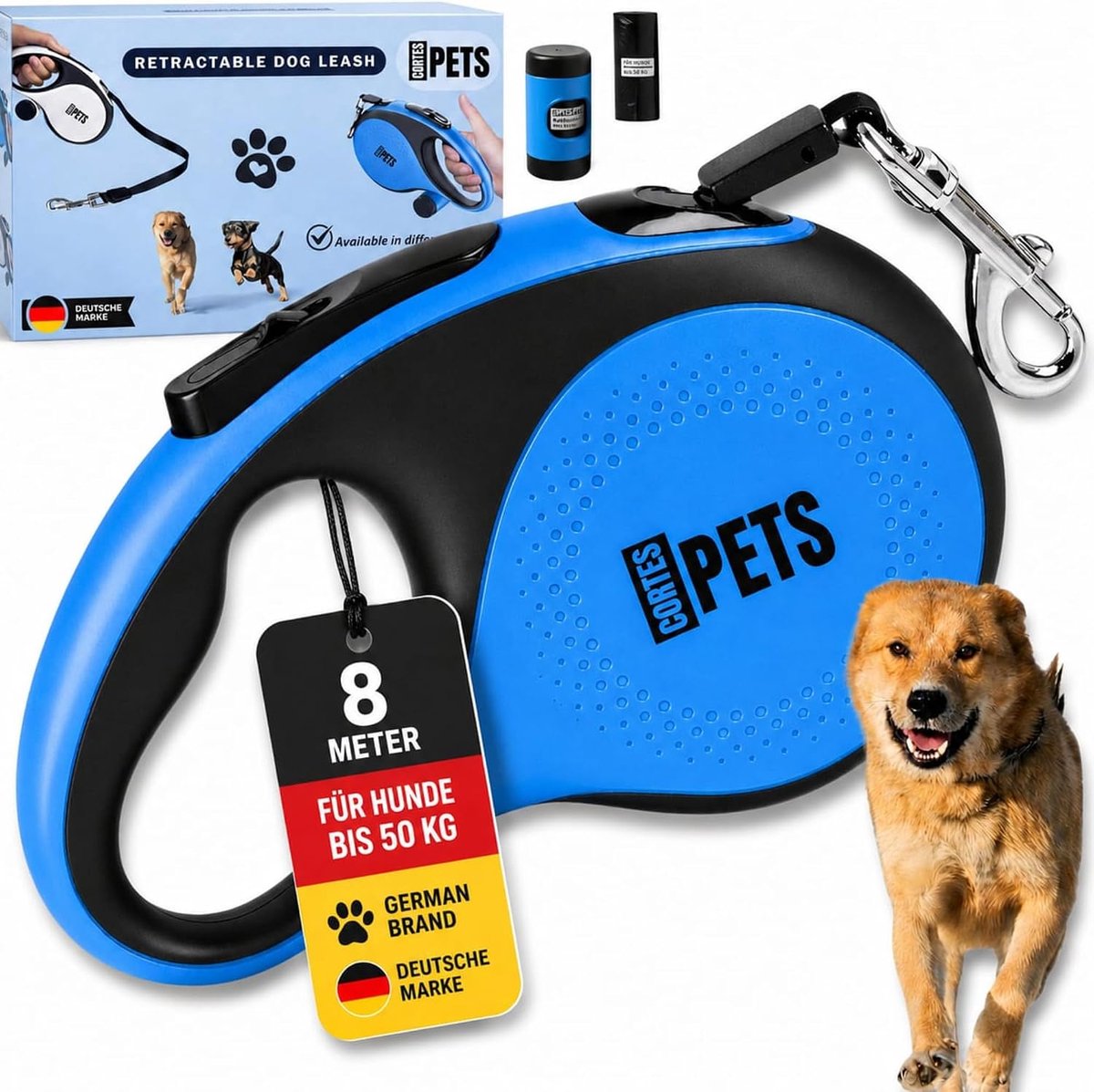 SnelShoppen - Hondenriem 8 m Uittrekbare Rollijn met Poepzak voor Honden tot 50 kg - Blauw - Ideaal voor Grote, Middelgrote en Kleine Honden