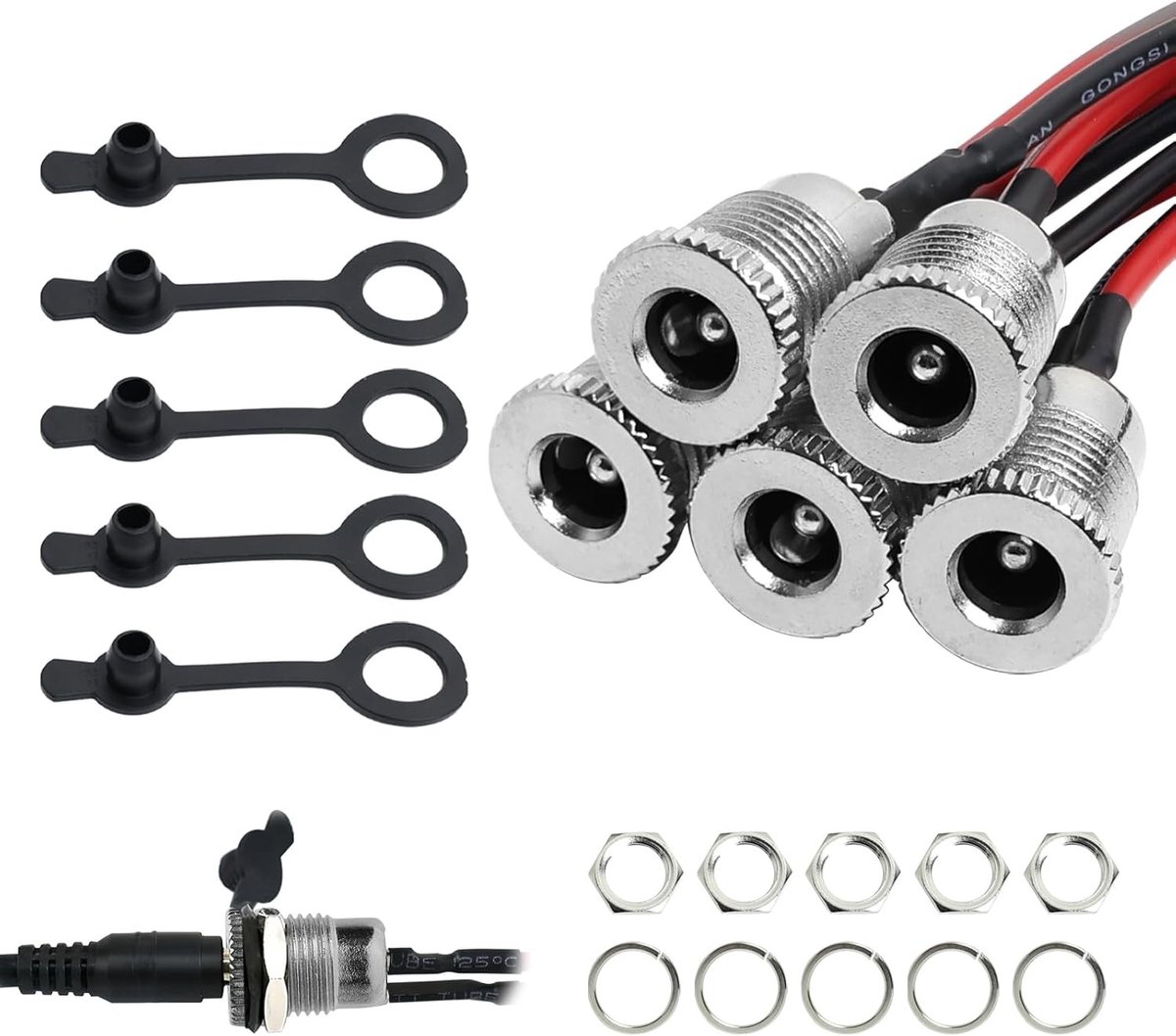 5 x 2.5 mm DC connectors met 15 cm kabels, waterproof IP68, ideaal voor 12V 10A toepassingen en elektronische apparaten