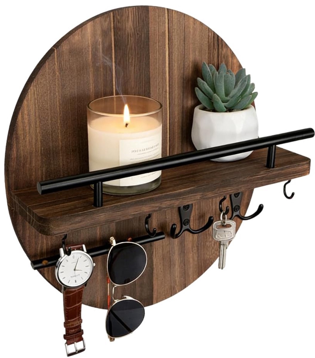 SnelShoppen - Sleutelrek met Plank - Ronde Sleutelhouder - Vintage Hout met Opbergruimte - Decoratief Houten Wandrek voor Hal - Bruin 30 x 30 x 12 cm