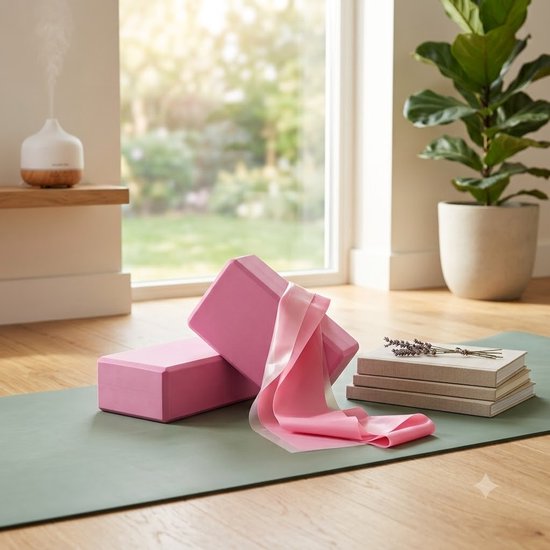 Roze Pilates blokken yoga blokken set unisex 3 delig met 2 EVA schuim yoga blokken en TPE weerstandsband fitness hulpmiddel voor yoga pilates stretching balans en mobiliteit — afbeelding 5