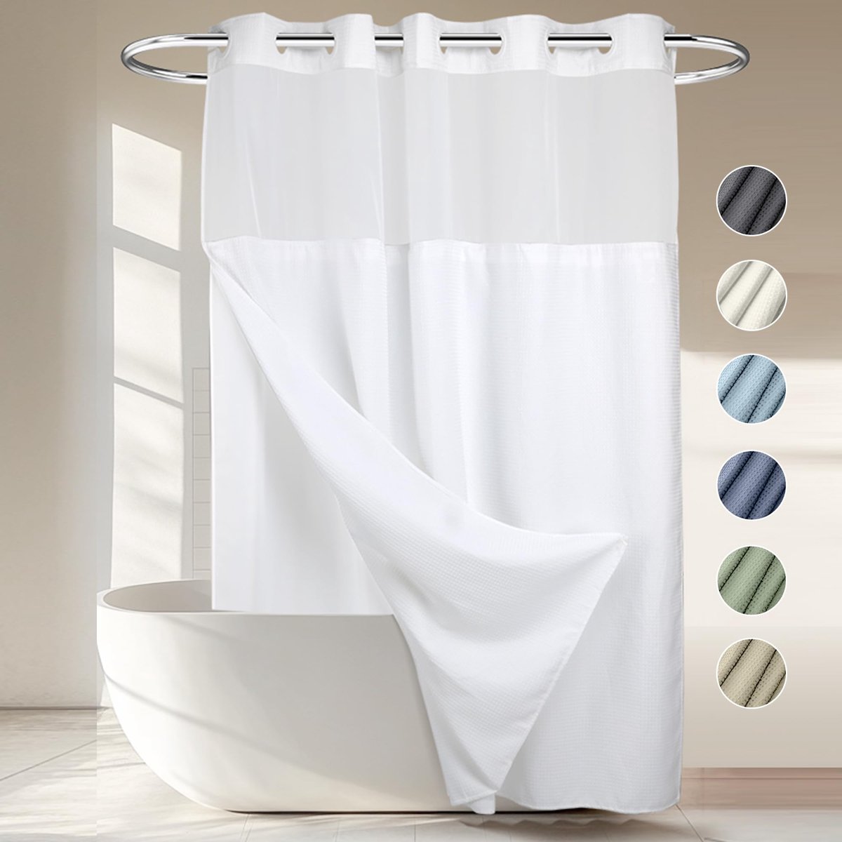 SnelShoppen - Wafelweefsel Douchegordijn zonder Haken - 71 W x 74 H, Hotelkwaliteit, Wit, Ideaal voor Badkamer, Spa en Wellness