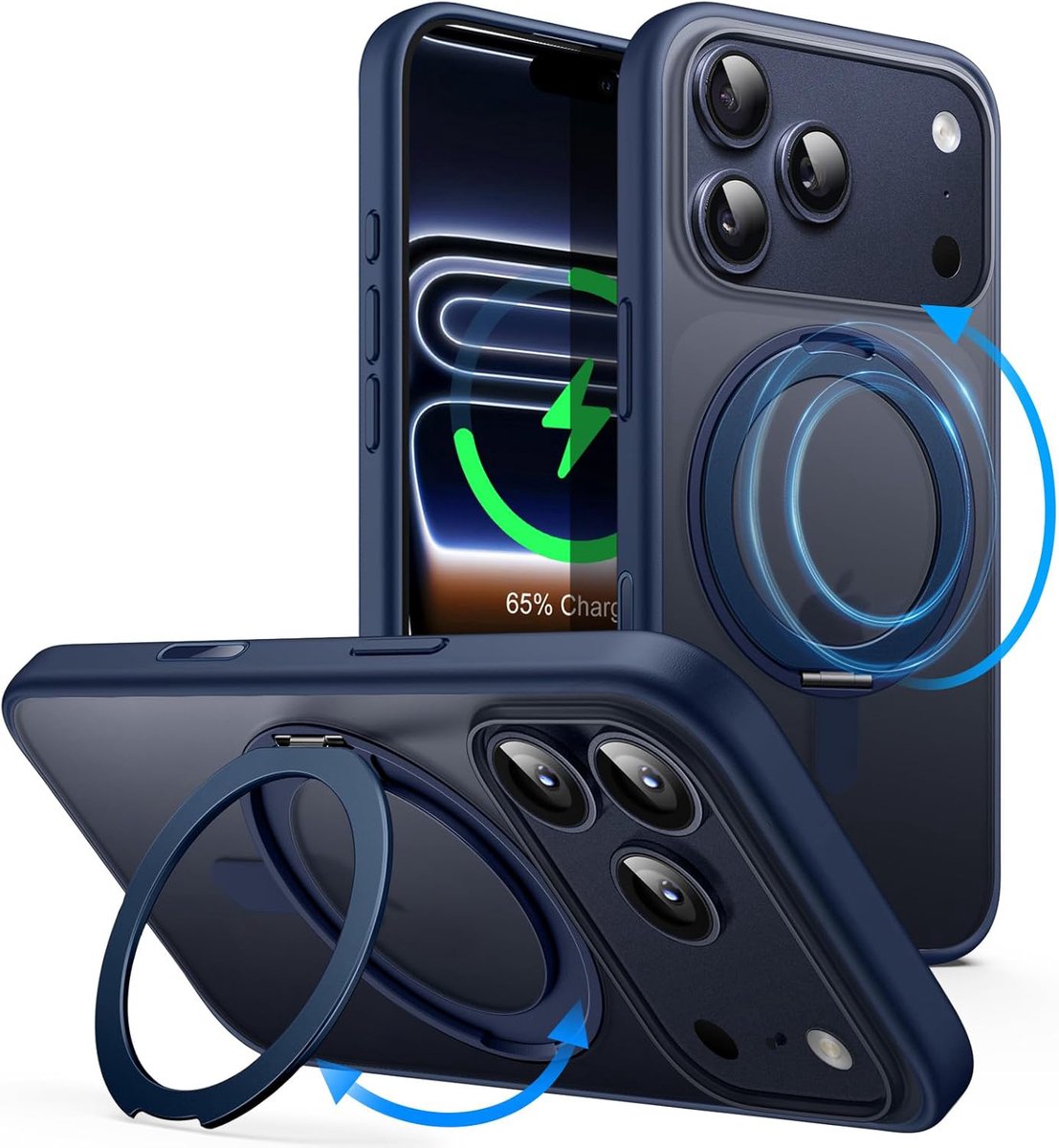 Reovo Hoesje geschikt voor iPhone 17 Pro MagSafe - 360° Draaibare Stand - Valbescherming 2m - Donker Blauw - Anti-Slip Grip - Camera Bescherming