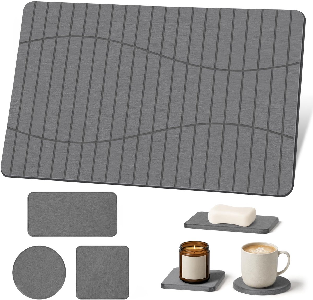 SnelShoppen - All in One Diatomiet Badmat Set 60x39cm, Snel Droog in 30s, Antislip Badmat met 2 Onderzetters & 1 Zeepmat, Grijze Badmat voor Badkamer,