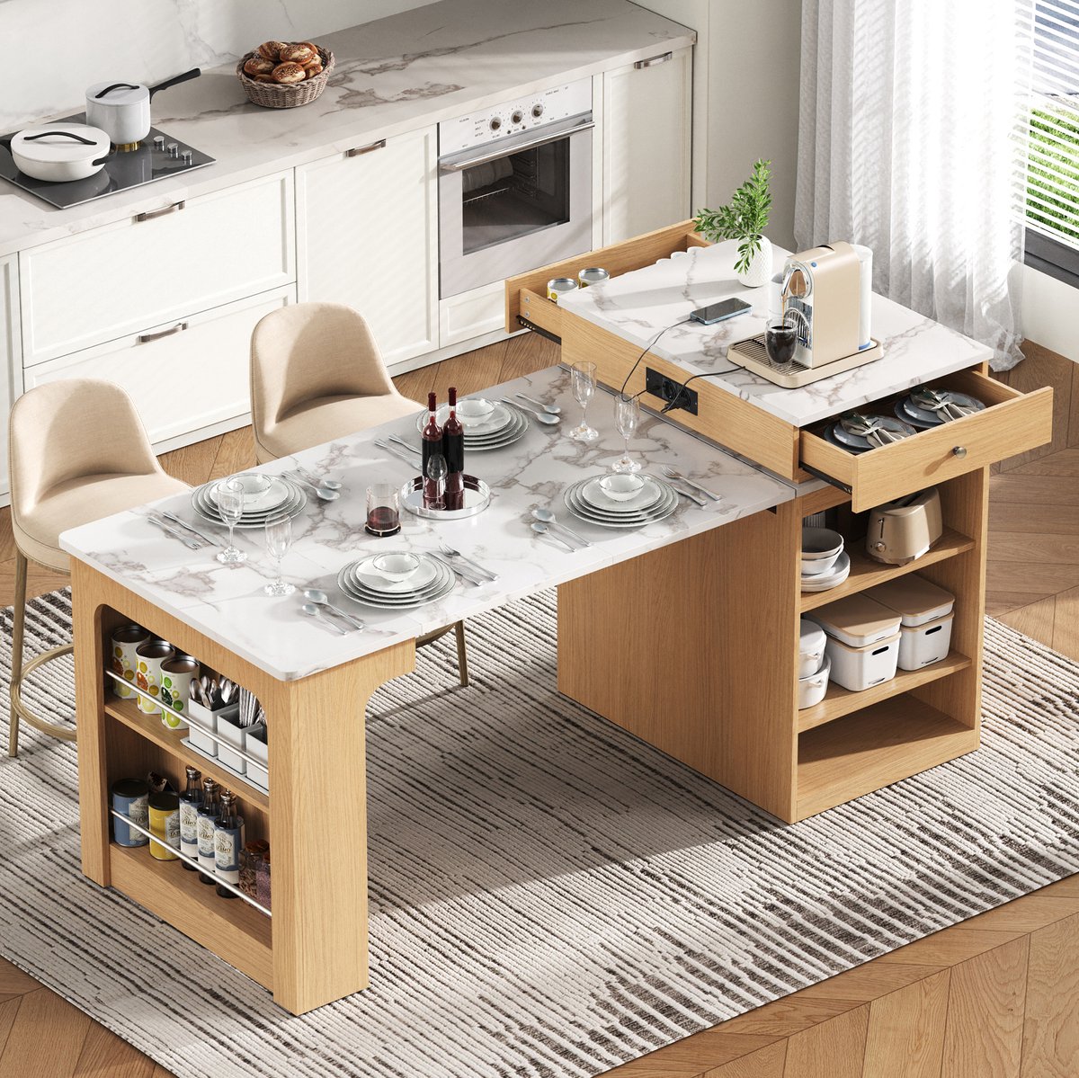 COVREO Eettafel 151x80x92 cm naturel, MDF met marmerlook fineer en lades