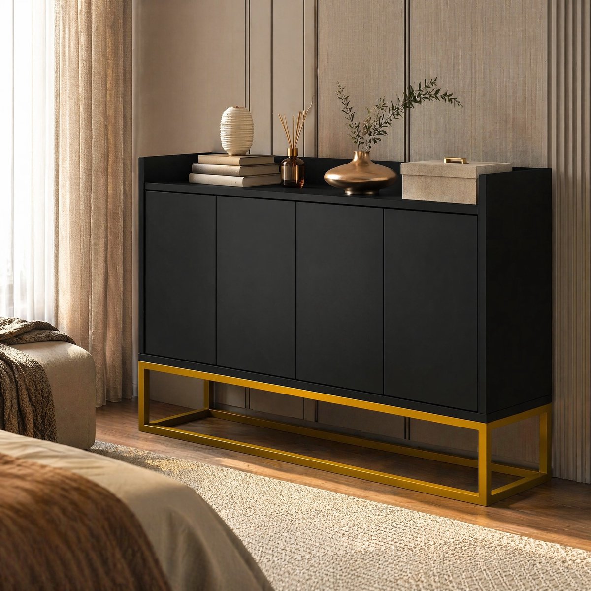 COVREO Dressoir 120x30x80 cm zwart, spaanplaat met 4 deuren en verstelbare planken