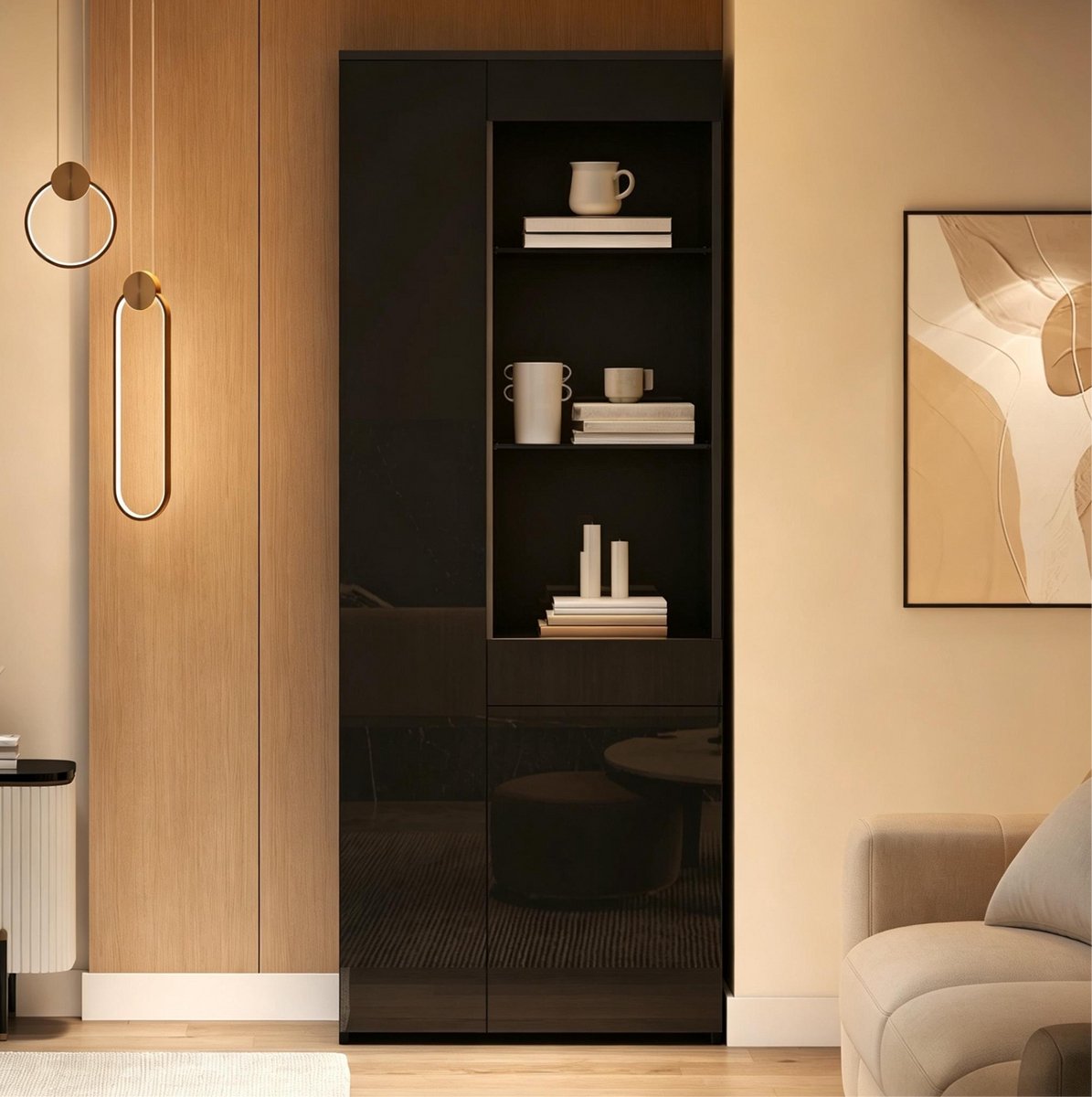 STILVORA Vitrinekast - Hoogglans Met LED En Lade - Voor Woonkamer En Interieur - Spaanplaat En Gehard Glas - Zwart - 70x35x180 Cm