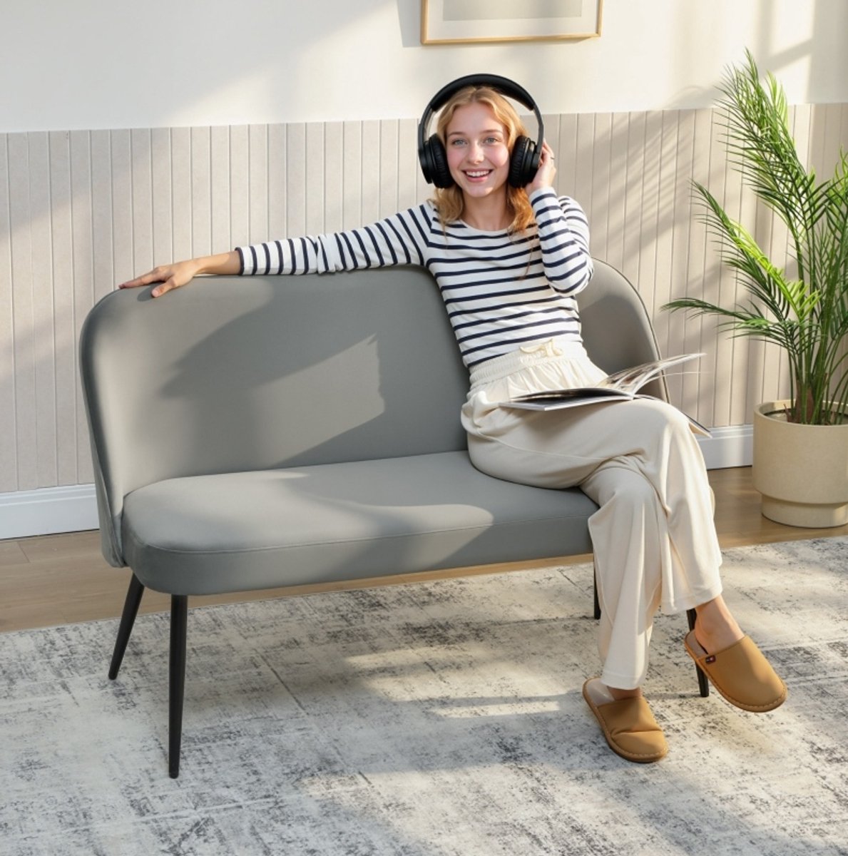 OKWISH Zitbank 2-Zits - Modern Design Met Zachte Velourslook En Metalen Houten Frame - Voor Woonkamer En Leeshoek - Grijs