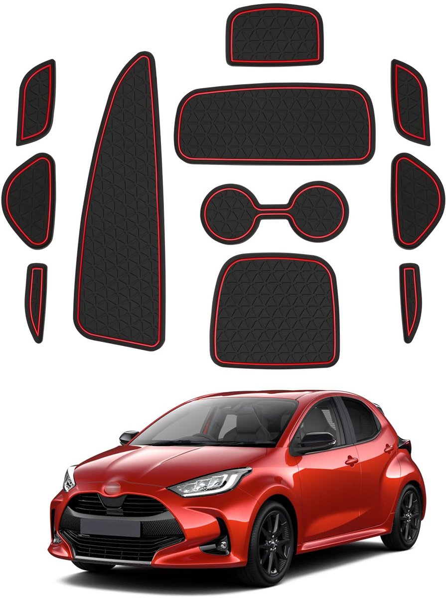 SnelShoppen - Antislipmatten voor Toyota Yaris 2020-2024, Rubberen Middenconsole Matten, Deurnaad en Bekerhouder Matten, Rood, Accessoires voor Yaris